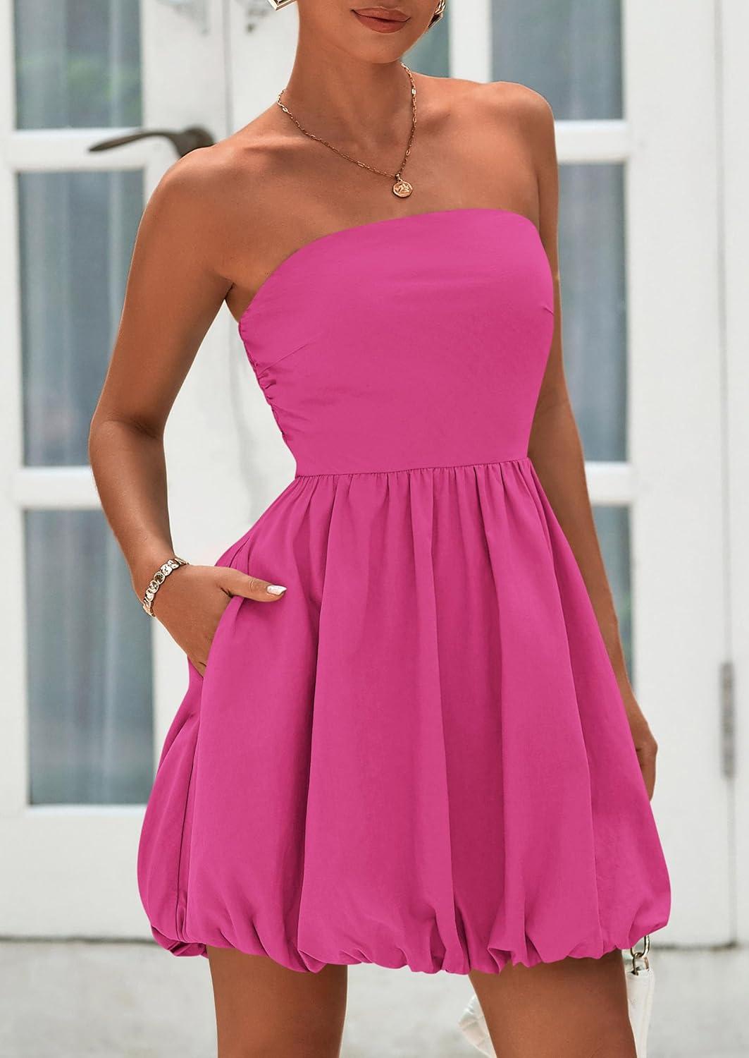 imagePRETTYGARDEN Womens Bubble Mini Dress Summer 2026 Strapless Tube Top Short A Line Trendy Casual Spring Smocked SundressesRose Red