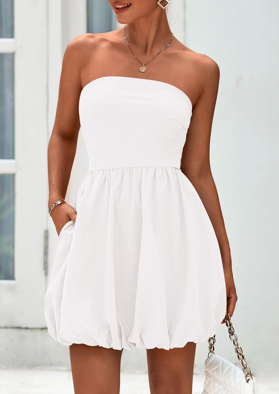 imagePRETTYGARDEN Womens Bubble Mini Dress Summer 2026 Strapless Tube Top Short A Line Trendy Casual Spring Smocked SundressesWhite