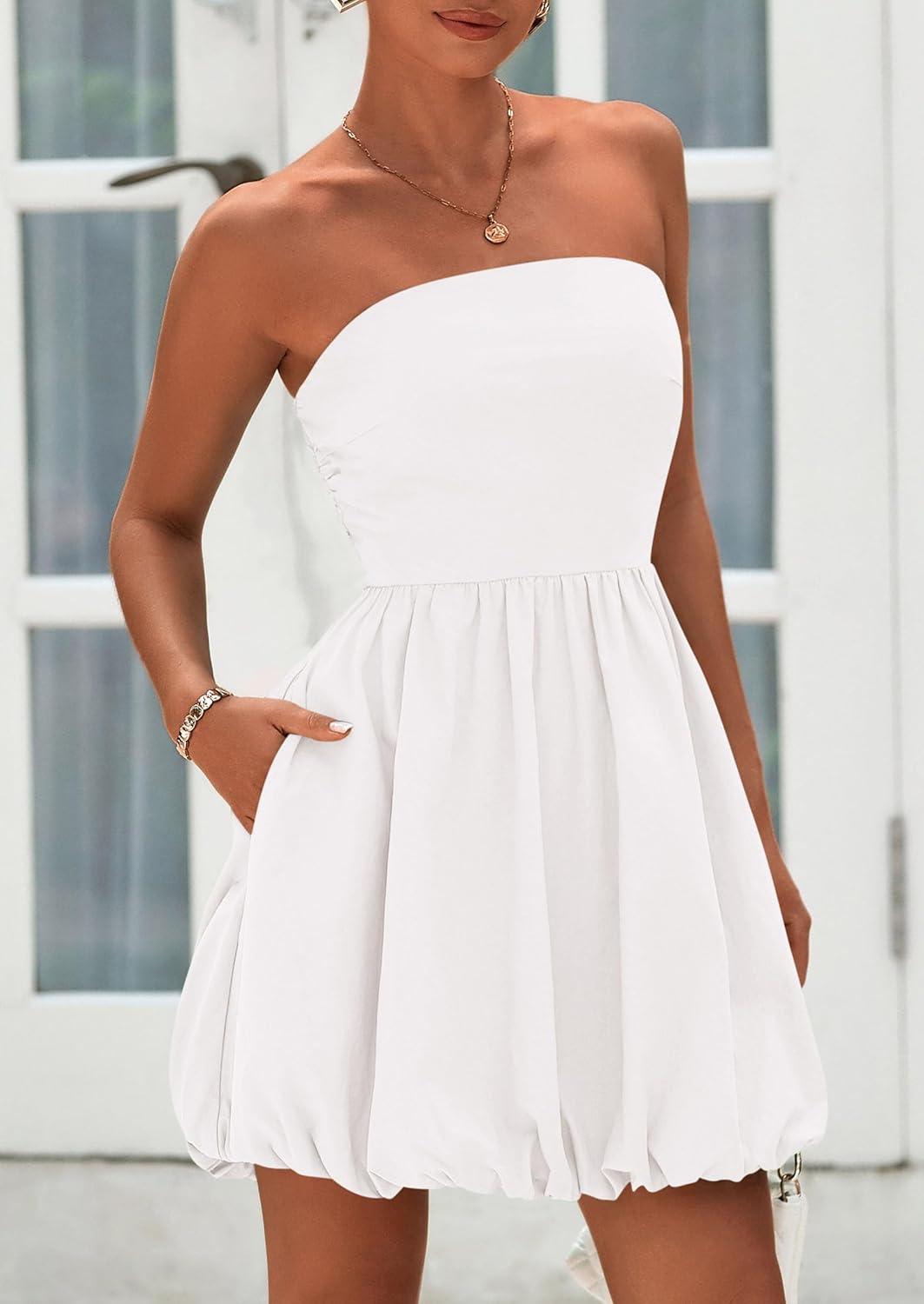 imagePRETTYGARDEN Womens Bubble Mini Dress Summer 2026 Strapless Tube Top Short A Line Trendy Casual Spring Smocked SundressesWhite