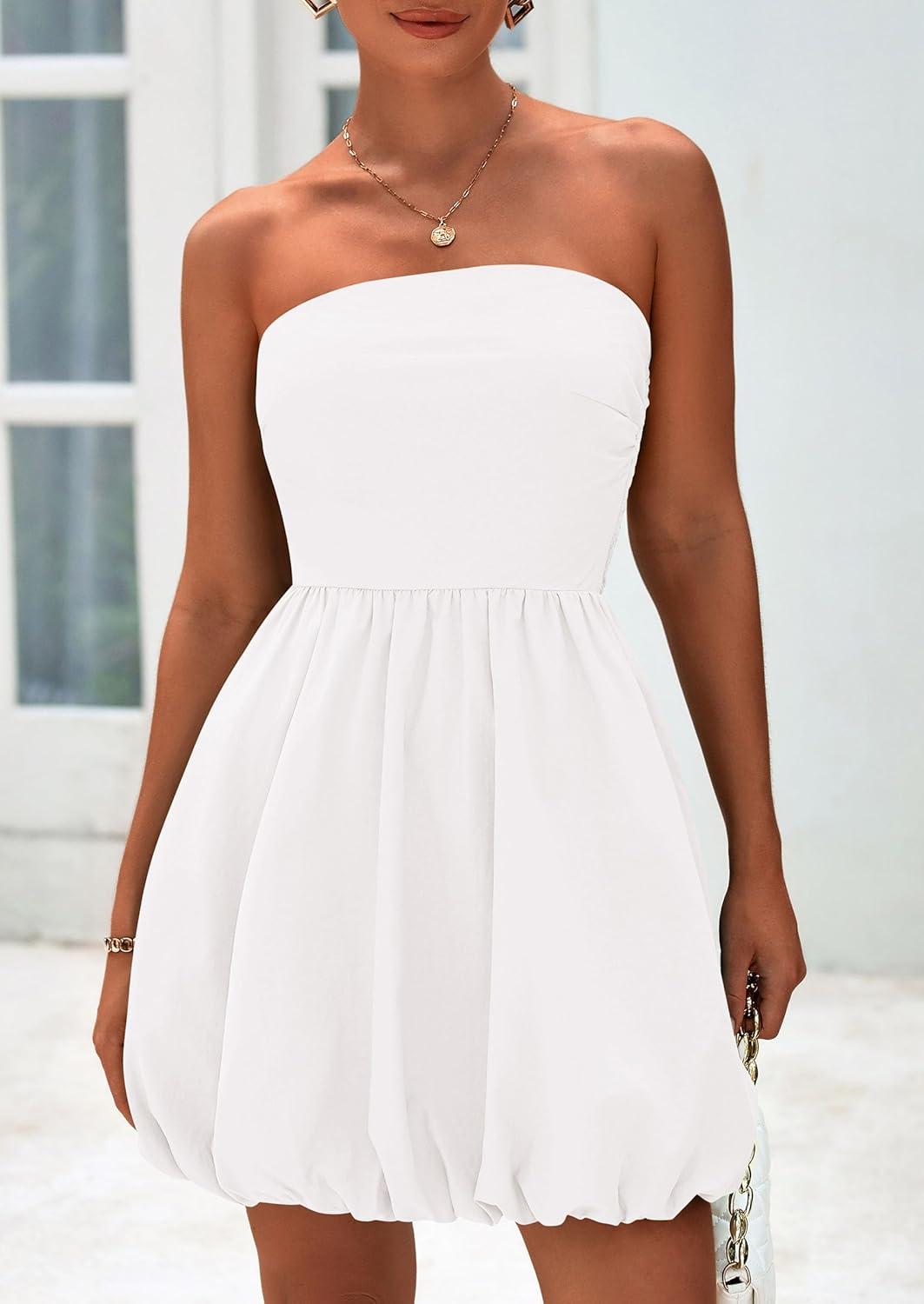 imagePRETTYGARDEN Womens Bubble Mini Dress Summer 2026 Strapless Tube Top Short A Line Trendy Casual Spring Smocked SundressesWhite