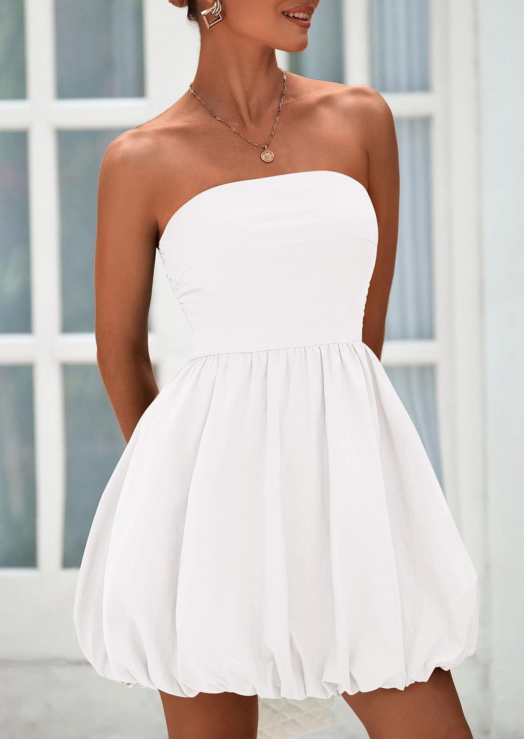 imagePRETTYGARDEN Womens Bubble Mini Dress Summer 2026 Strapless Tube Top Short A Line Trendy Casual Spring Smocked SundressesWhite