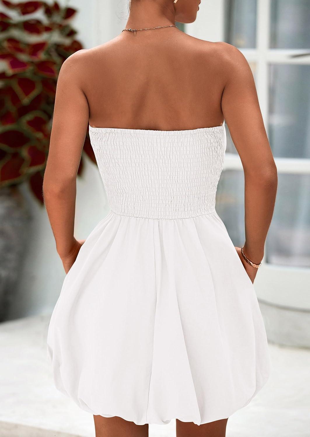 imagePRETTYGARDEN Womens Bubble Mini Dress Summer 2026 Strapless Tube Top Short A Line Trendy Casual Spring Smocked SundressesWhite
