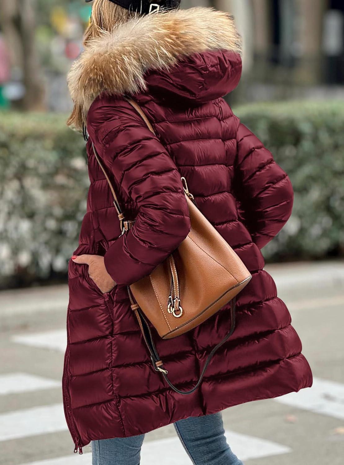 imagePRETTYGARDEN Womens Long Winter Puffer Coats Hooded Zip Up Thickened Parka Down Jackets Trendy Fashion Warm OuterwearWine Red