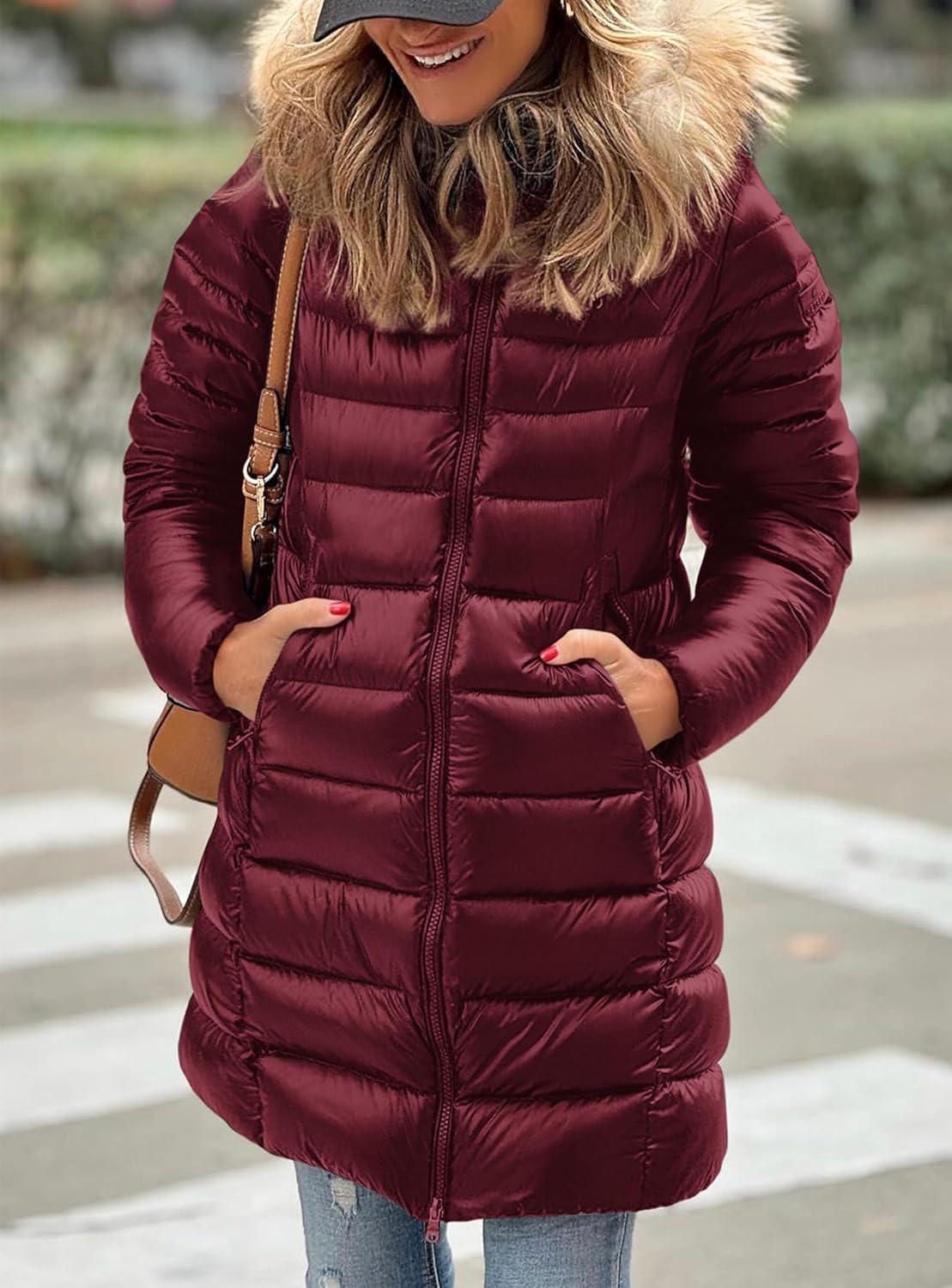 imagePRETTYGARDEN Womens Long Winter Puffer Coats Hooded Zip Up Thickened Parka Down Jackets Trendy Fashion Warm OuterwearWine Red