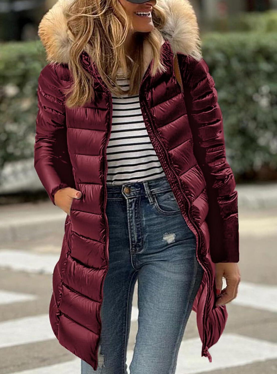 imagePRETTYGARDEN Womens Long Winter Puffer Coats Hooded Zip Up Thickened Parka Down Jackets Trendy Fashion Warm OuterwearWine Red