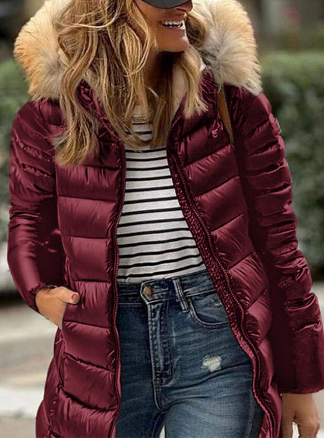 imagePRETTYGARDEN Womens Long Winter Puffer Coats Hooded Zip Up Thickened Parka Down Jackets Trendy Fashion Warm OuterwearWine Red