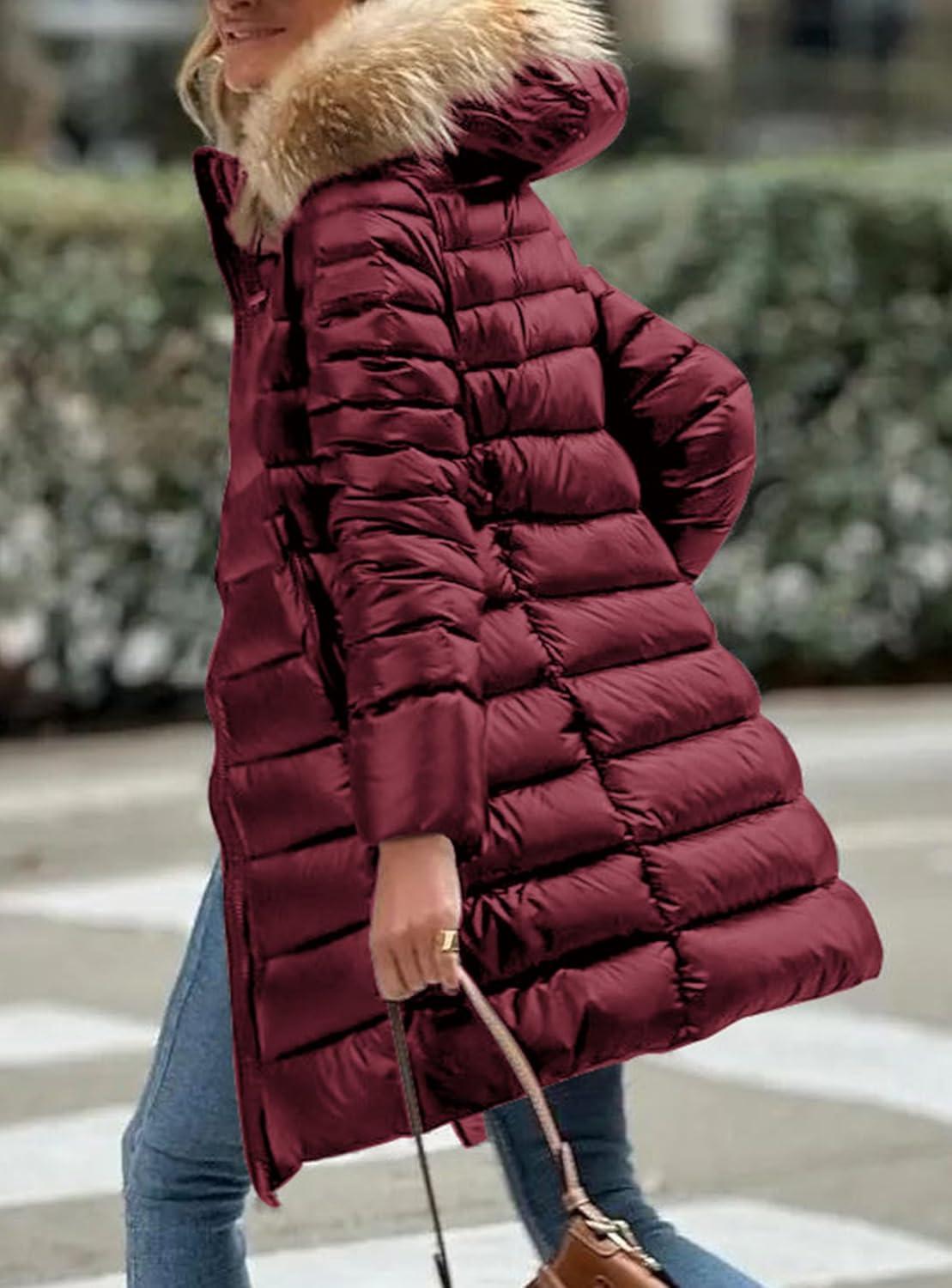 imagePRETTYGARDEN Womens Long Winter Puffer Coats Hooded Zip Up Thickened Parka Down Jackets Trendy Fashion Warm OuterwearWine Red