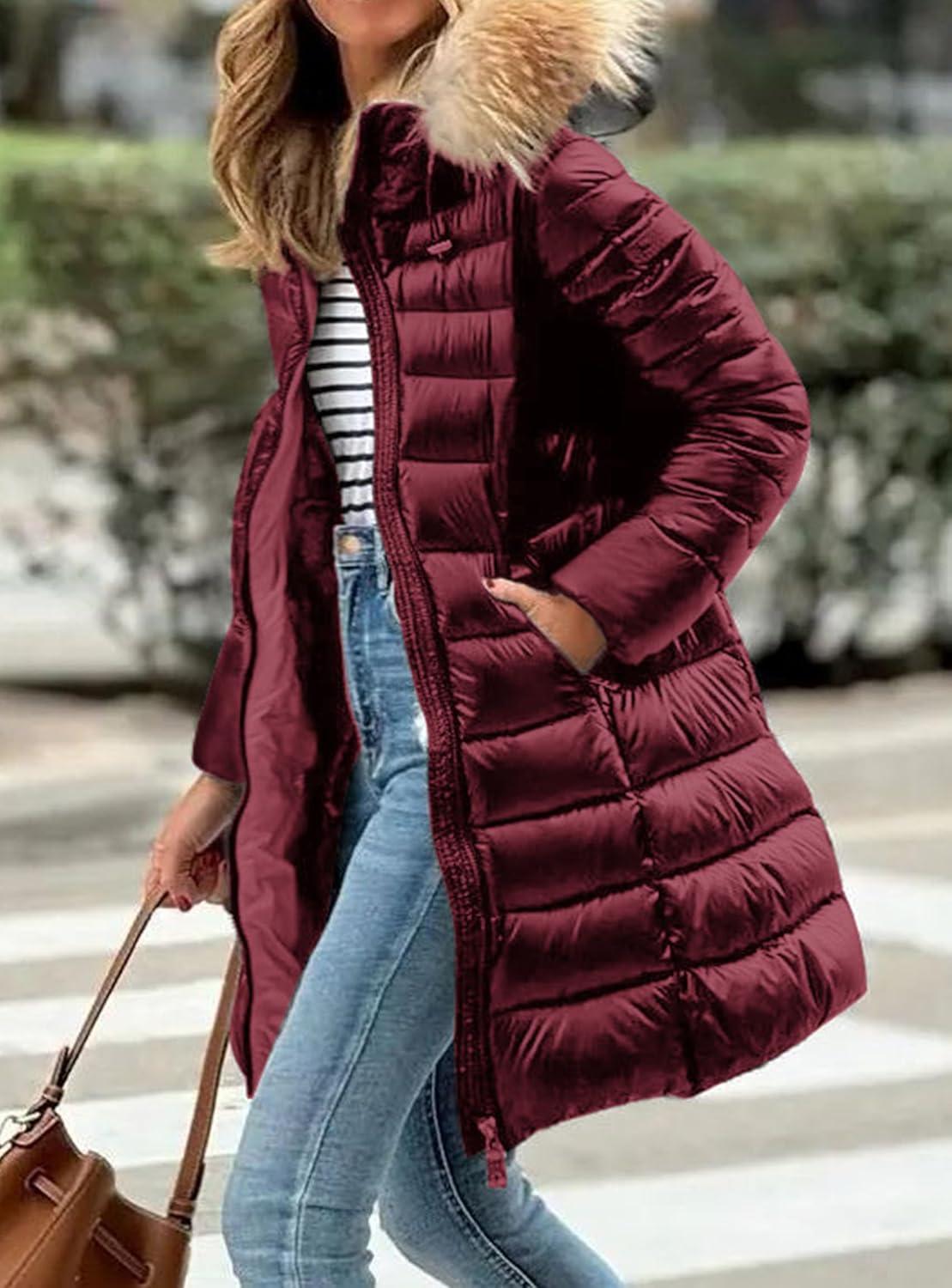 imagePRETTYGARDEN Womens Long Winter Puffer Coats Hooded Zip Up Thickened Parka Down Jackets Trendy Fashion Warm OuterwearWine Red