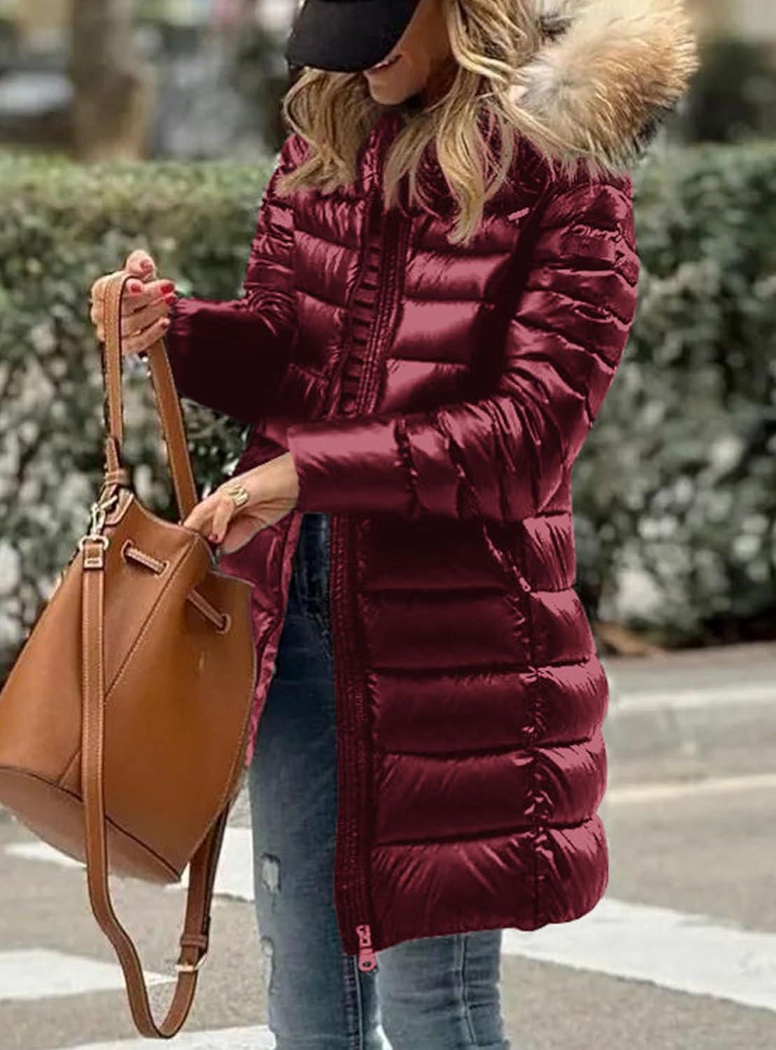 imagePRETTYGARDEN Womens Long Winter Puffer Coats Hooded Zip Up Thickened Parka Down Jackets Trendy Fashion Warm OuterwearWine Red