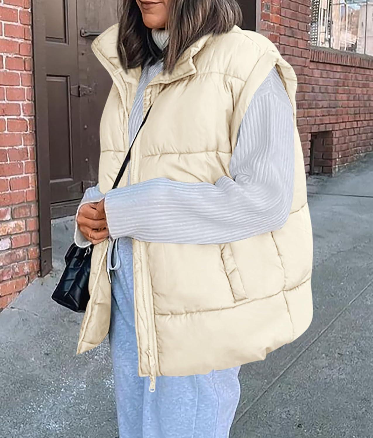 imagePRETTYGARDEN Womens Puffer Vest Fall Casual Stand Collar Lightweight Sleeveless Zip Up Padded Jackets OuterwearBeige