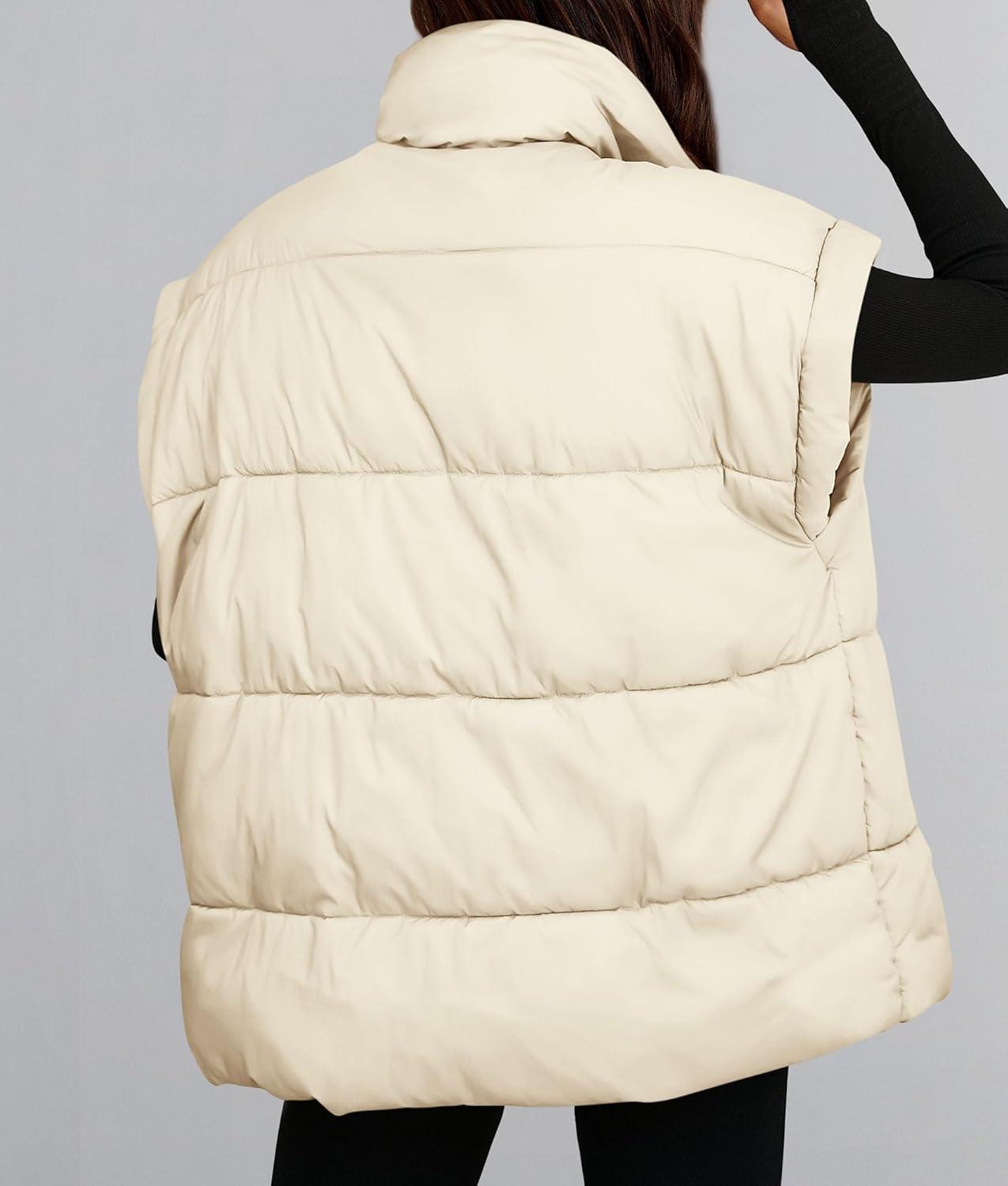 imagePRETTYGARDEN Womens Puffer Vest Fall Casual Stand Collar Lightweight Sleeveless Zip Up Padded Jackets OuterwearBeige