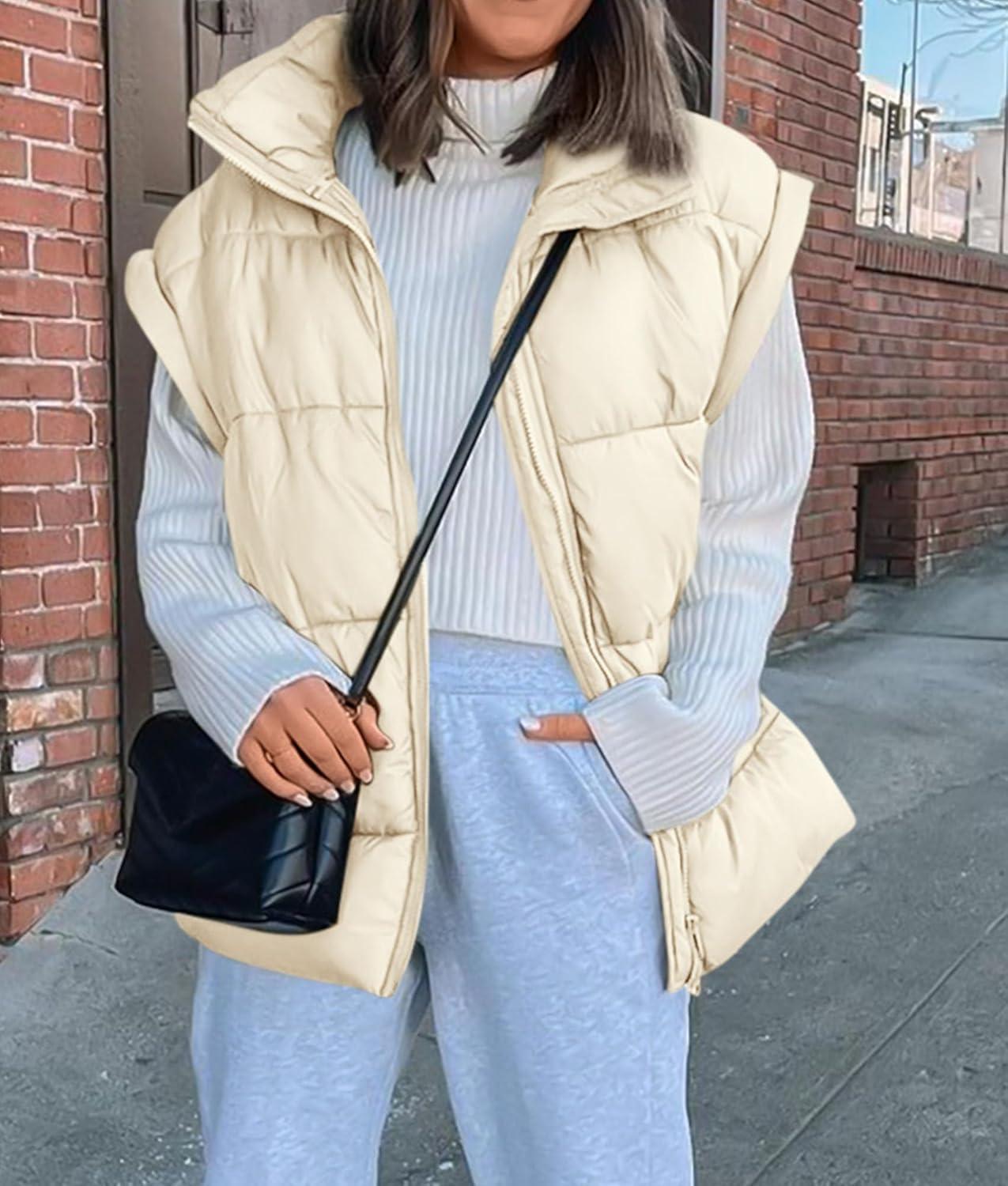 imagePRETTYGARDEN Womens Puffer Vest Fall Casual Stand Collar Lightweight Sleeveless Zip Up Padded Jackets OuterwearBeige