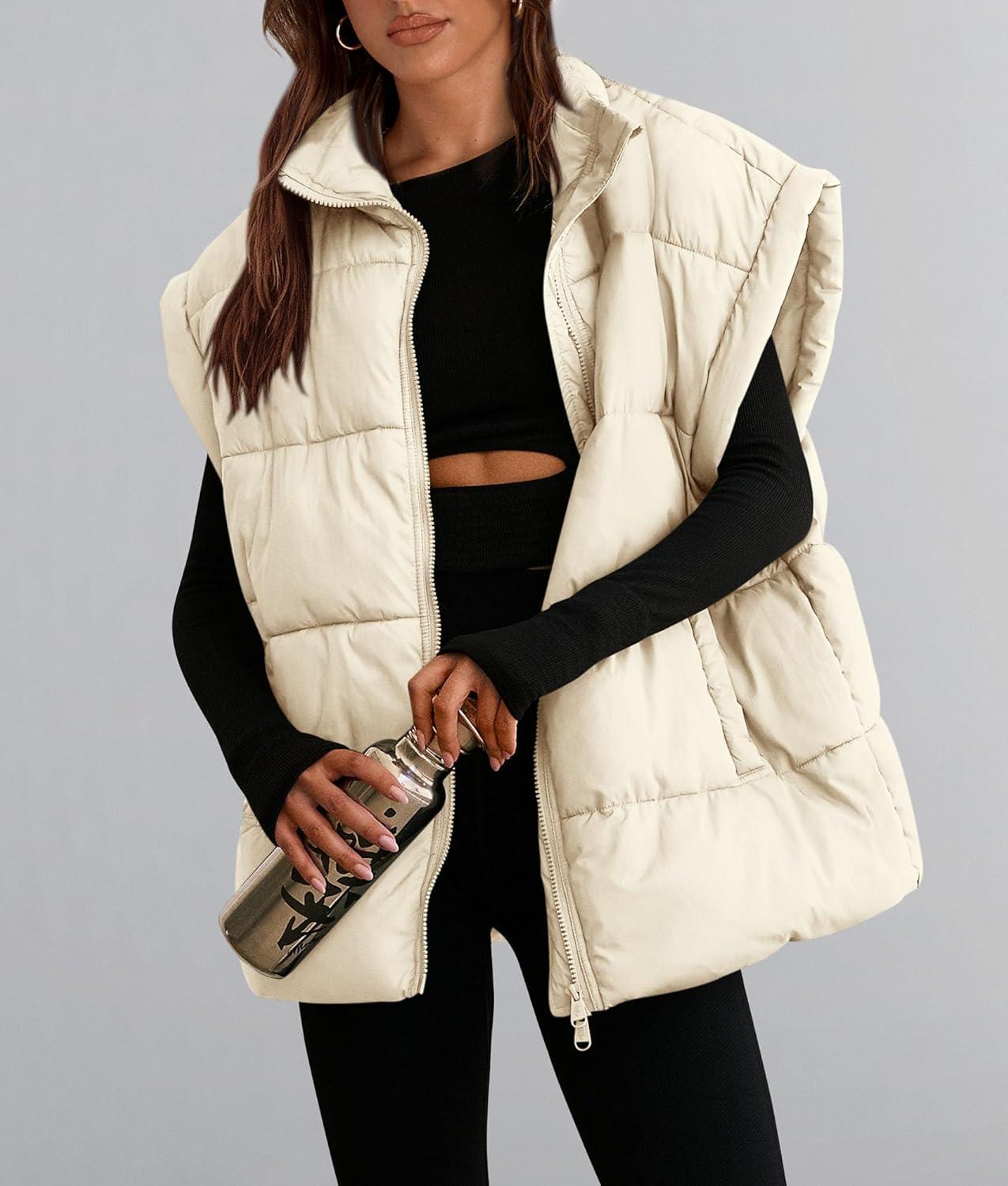 imagePRETTYGARDEN Womens Puffer Vest Fall Casual Stand Collar Lightweight Sleeveless Zip Up Padded Jackets OuterwearBeige