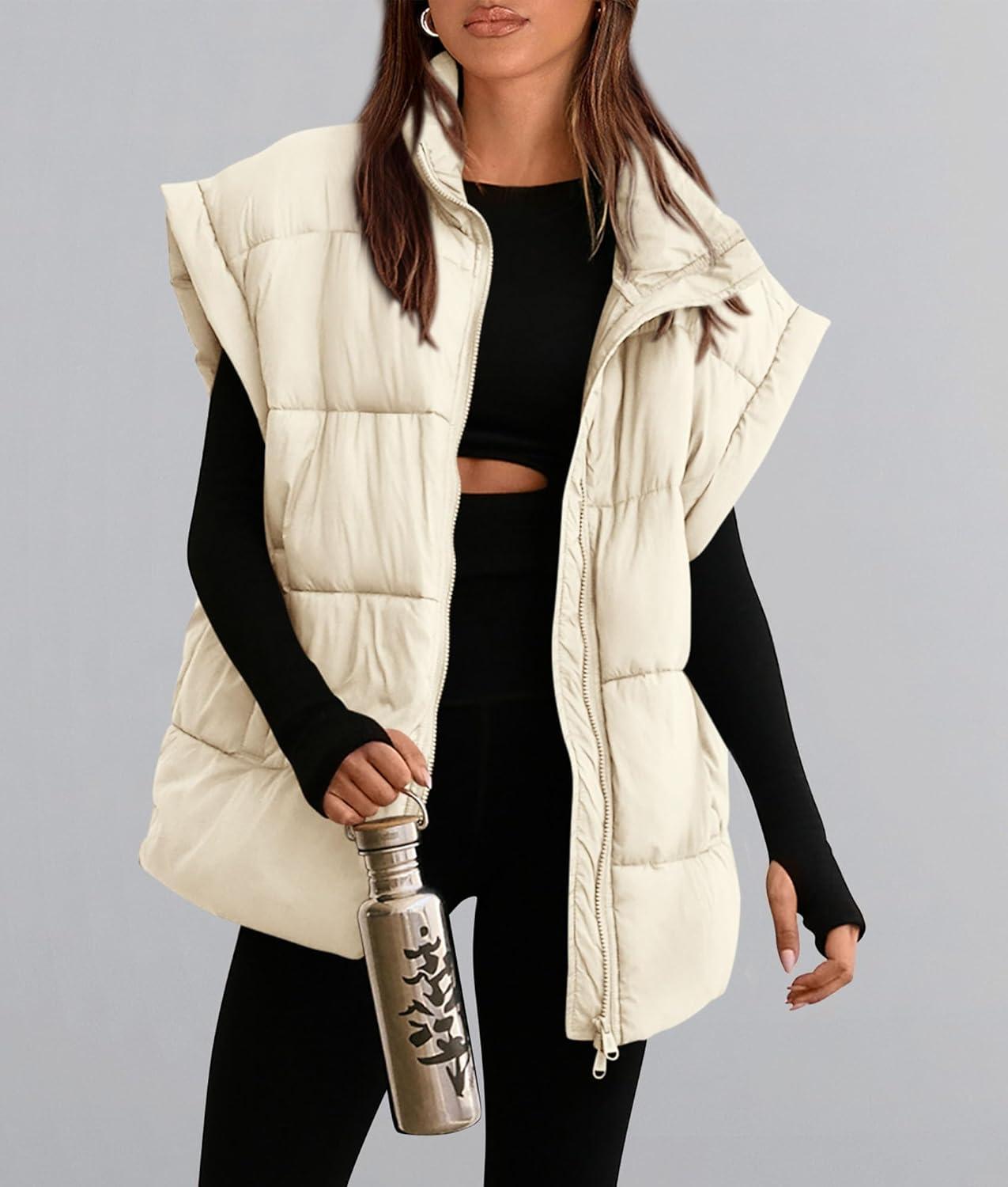 imagePRETTYGARDEN Womens Puffer Vest Fall Casual Stand Collar Lightweight Sleeveless Zip Up Padded Jackets OuterwearBeige