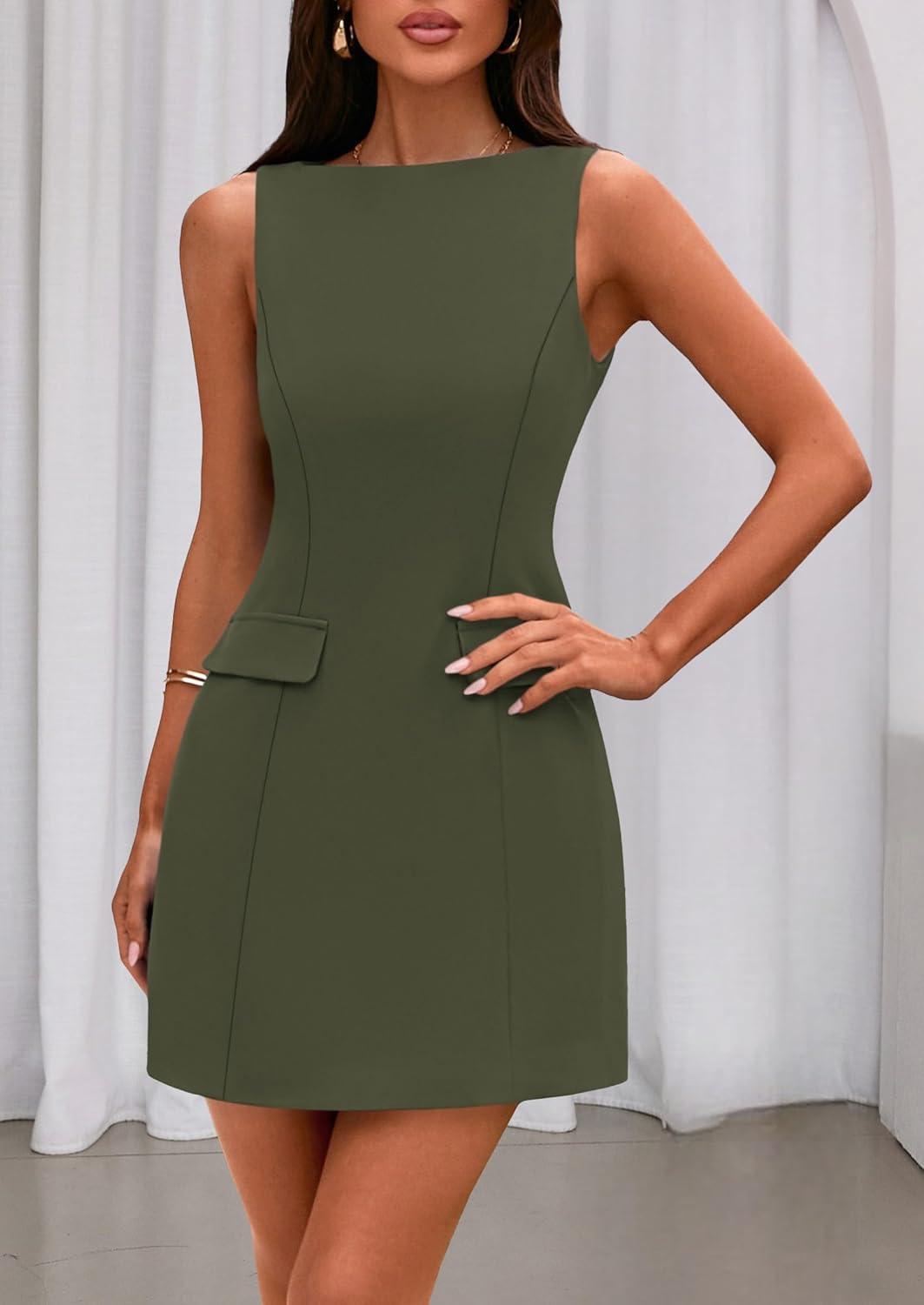 imagePRETTYGARDEN Womens Sleeveless Summer Dresses 2026 Formal Boat Neck Bodycon Elegant A Line Business Work Office Mini DressArmy Green