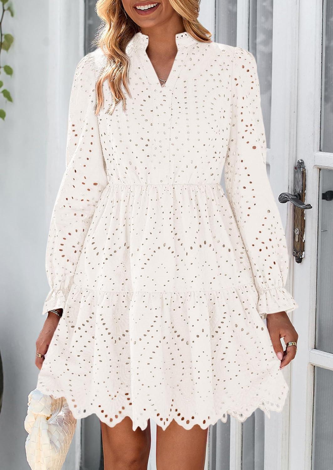 imagePRETTYGARDEN Womens Spring 2025 Long Puff Sleeve Mini Dress Hollow Out Lace V Neck A Line Ruffle Casual Party DressesWhite