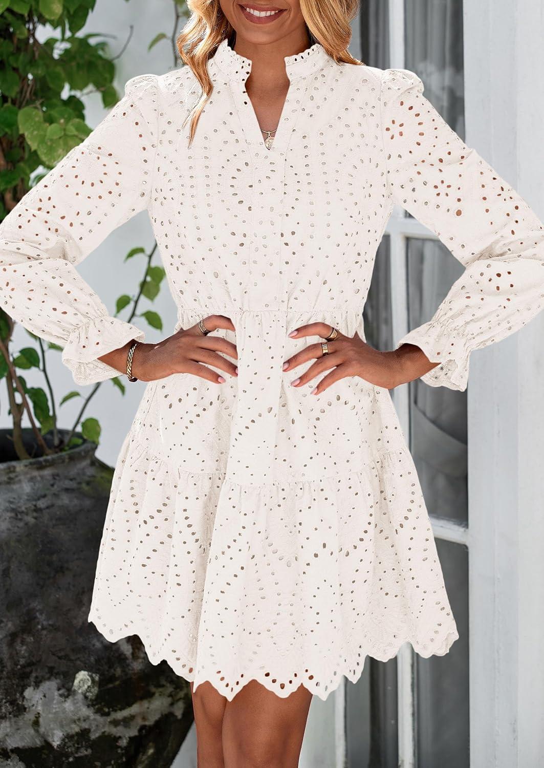 imagePRETTYGARDEN Womens Spring 2025 Long Puff Sleeve Mini Dress Hollow Out Lace V Neck A Line Ruffle Casual Party DressesWhite