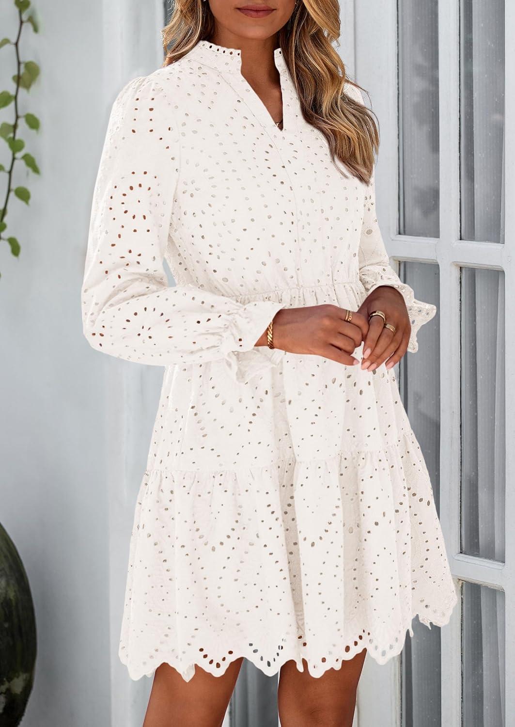 imagePRETTYGARDEN Womens Spring 2025 Long Puff Sleeve Mini Dress Hollow Out Lace V Neck A Line Ruffle Casual Party DressesWhite