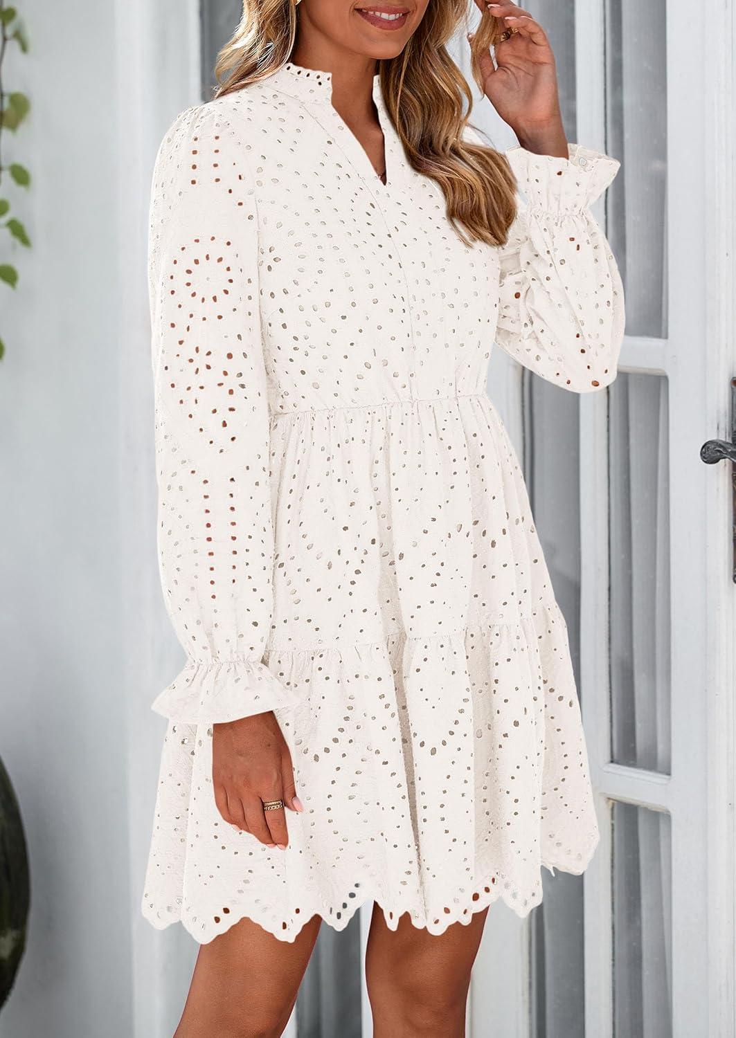 imagePRETTYGARDEN Womens Spring 2025 Long Puff Sleeve Mini Dress Hollow Out Lace V Neck A Line Ruffle Casual Party DressesWhite