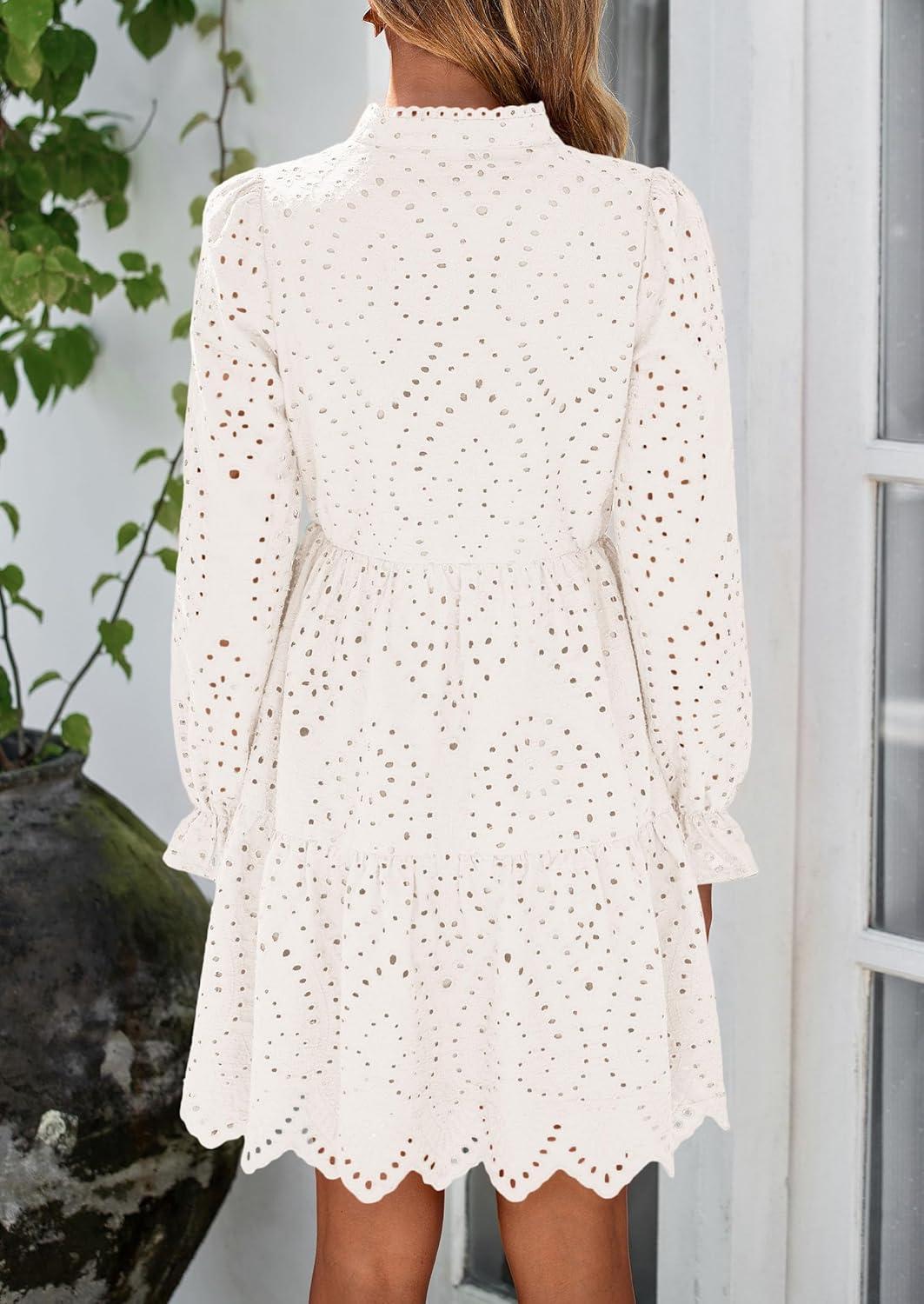 imagePRETTYGARDEN Womens Spring 2025 Long Puff Sleeve Mini Dress Hollow Out Lace V Neck A Line Ruffle Casual Party DressesWhite