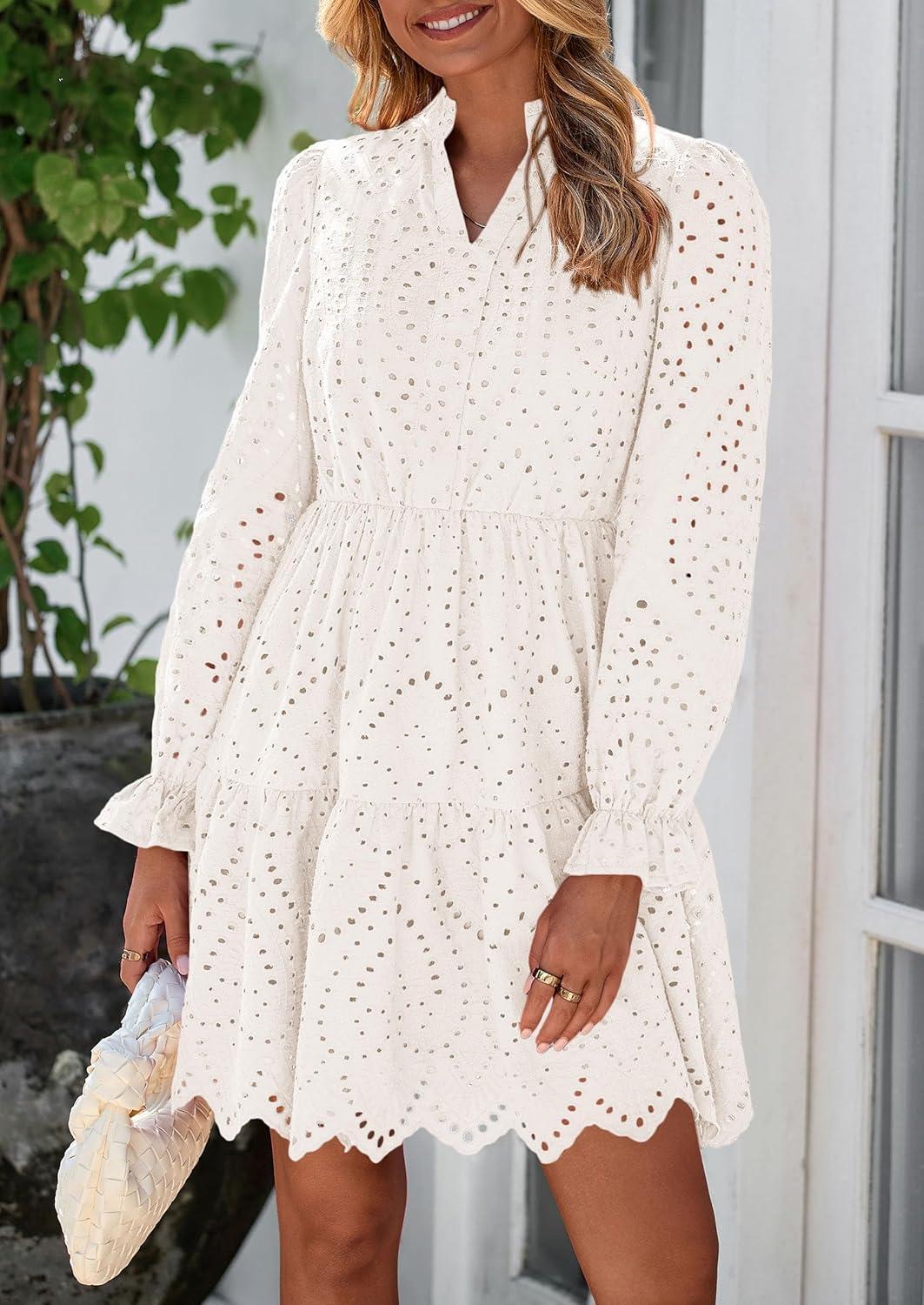 imagePRETTYGARDEN Womens Spring 2025 Long Puff Sleeve Mini Dress Hollow Out Lace V Neck A Line Ruffle Casual Party DressesWhite