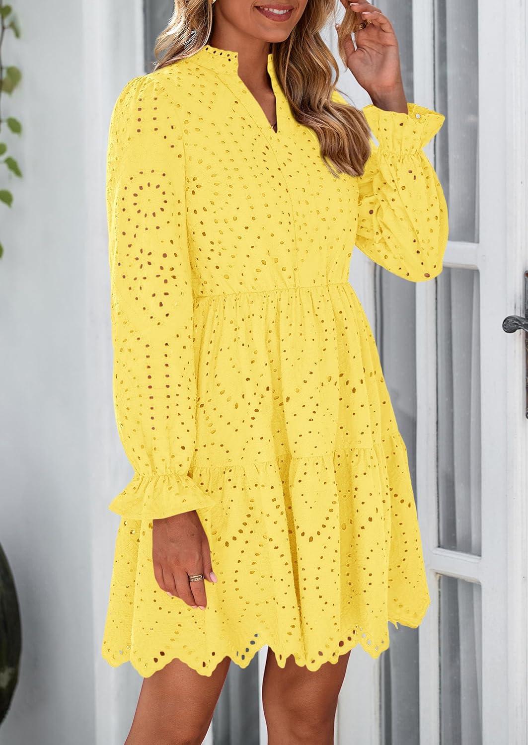 imagePRETTYGARDEN Womens Spring 2025 Long Puff Sleeve Mini Dress Hollow Out Lace V Neck A Line Ruffle Casual Party DressesYellow