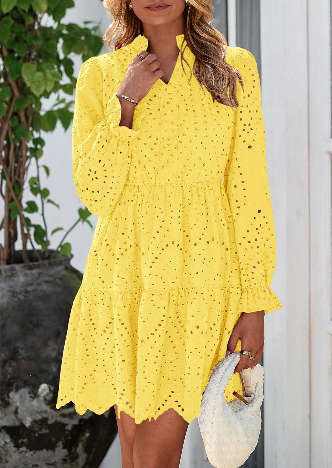 imagePRETTYGARDEN Womens Spring 2025 Long Puff Sleeve Mini Dress Hollow Out Lace V Neck A Line Ruffle Casual Party DressesYellow