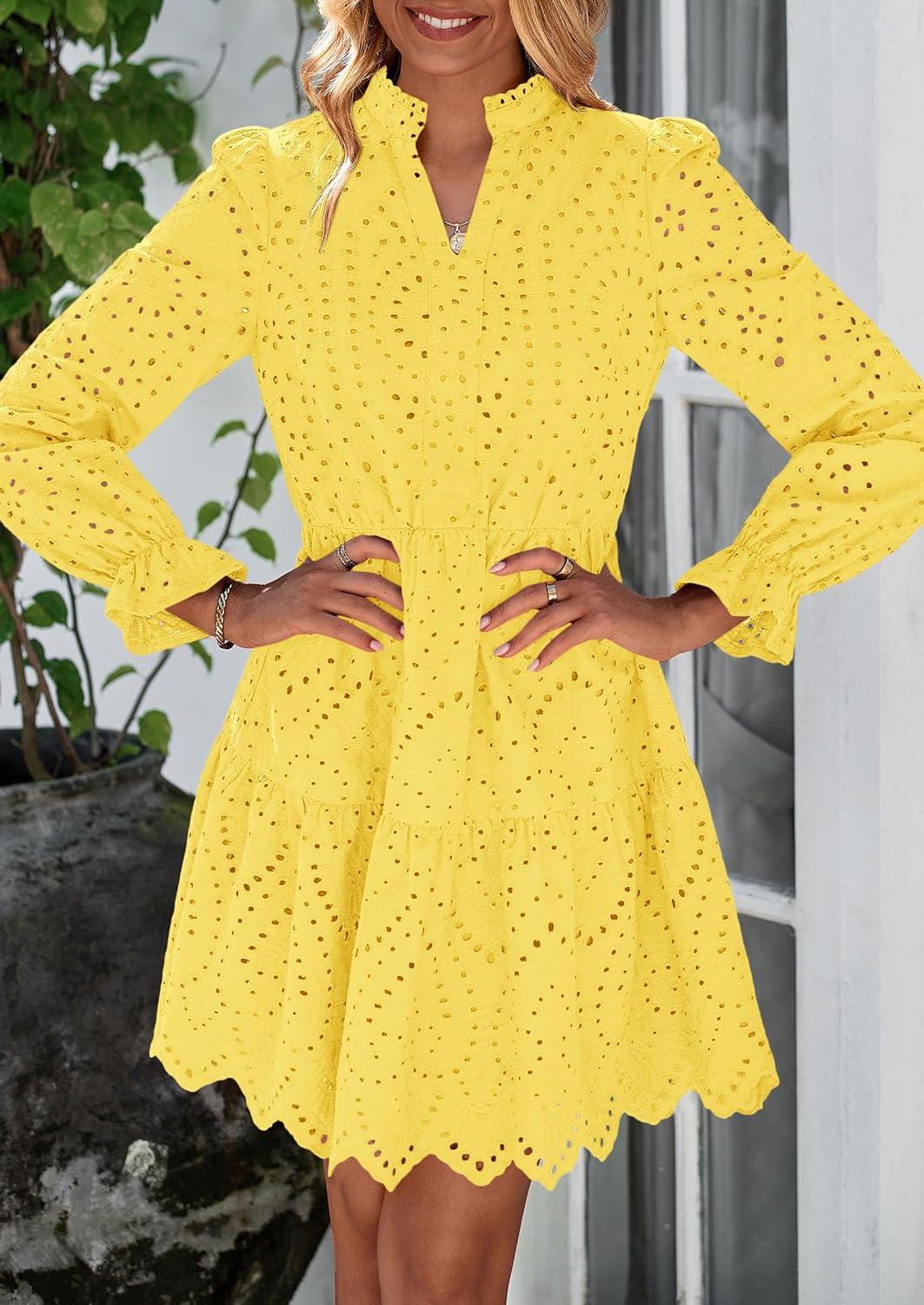 imagePRETTYGARDEN Womens Spring 2025 Long Puff Sleeve Mini Dress Hollow Out Lace V Neck A Line Ruffle Casual Party DressesYellow