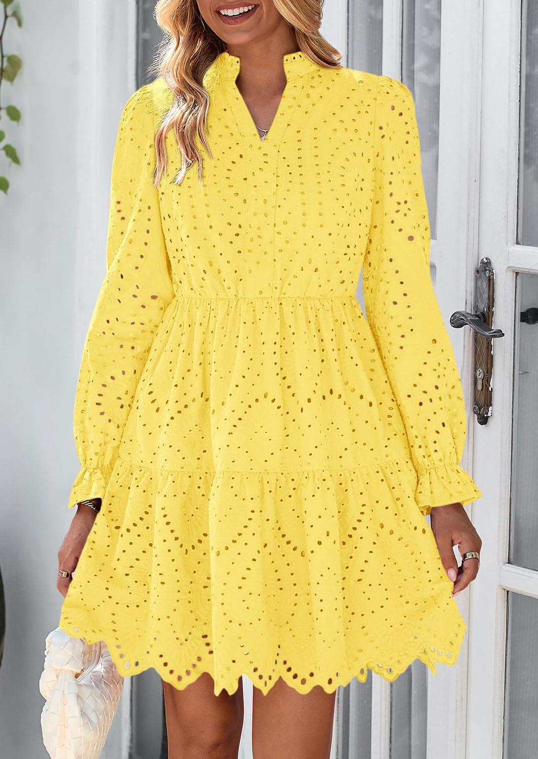 imagePRETTYGARDEN Womens Spring 2025 Long Puff Sleeve Mini Dress Hollow Out Lace V Neck A Line Ruffle Casual Party DressesYellow