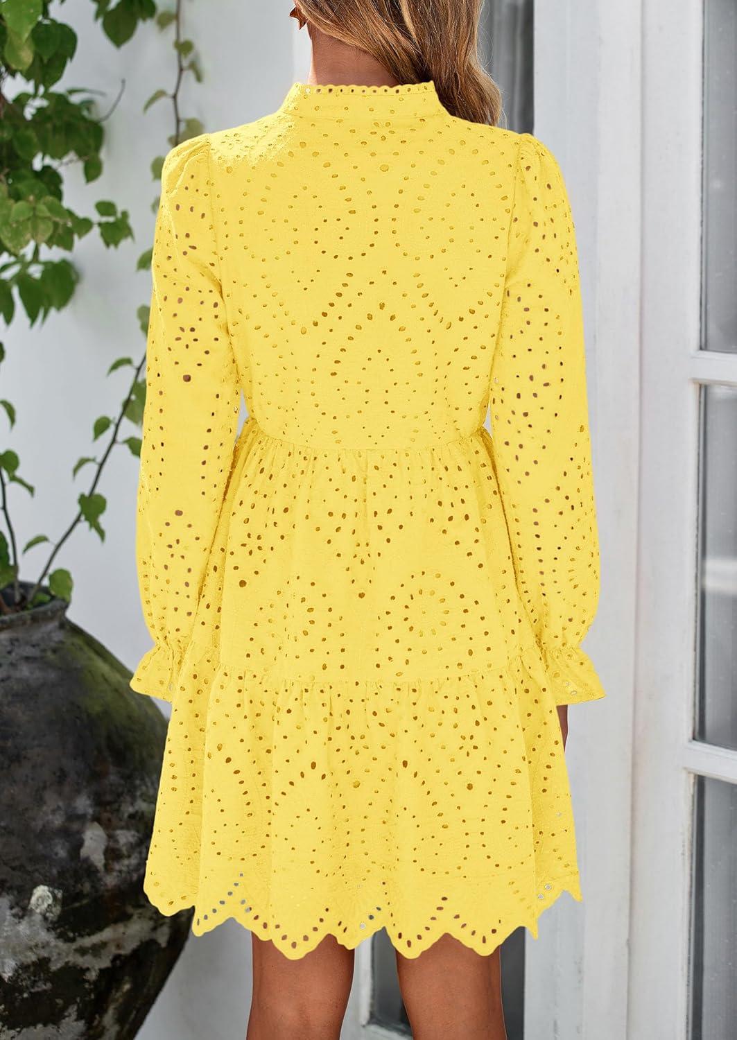 imagePRETTYGARDEN Womens Spring 2025 Long Puff Sleeve Mini Dress Hollow Out Lace V Neck A Line Ruffle Casual Party DressesYellow