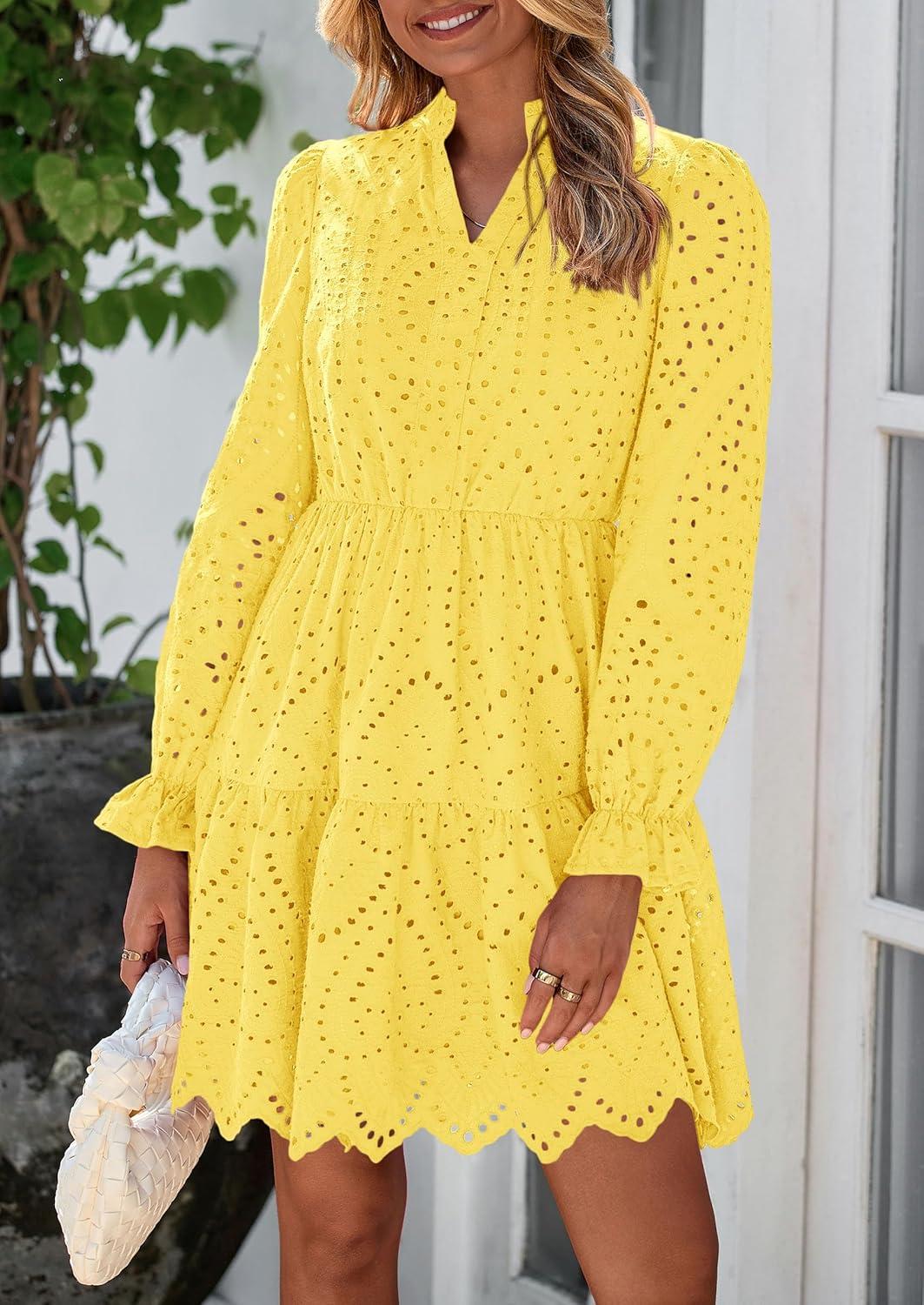 imagePRETTYGARDEN Womens Spring 2025 Long Puff Sleeve Mini Dress Hollow Out Lace V Neck A Line Ruffle Casual Party DressesYellow