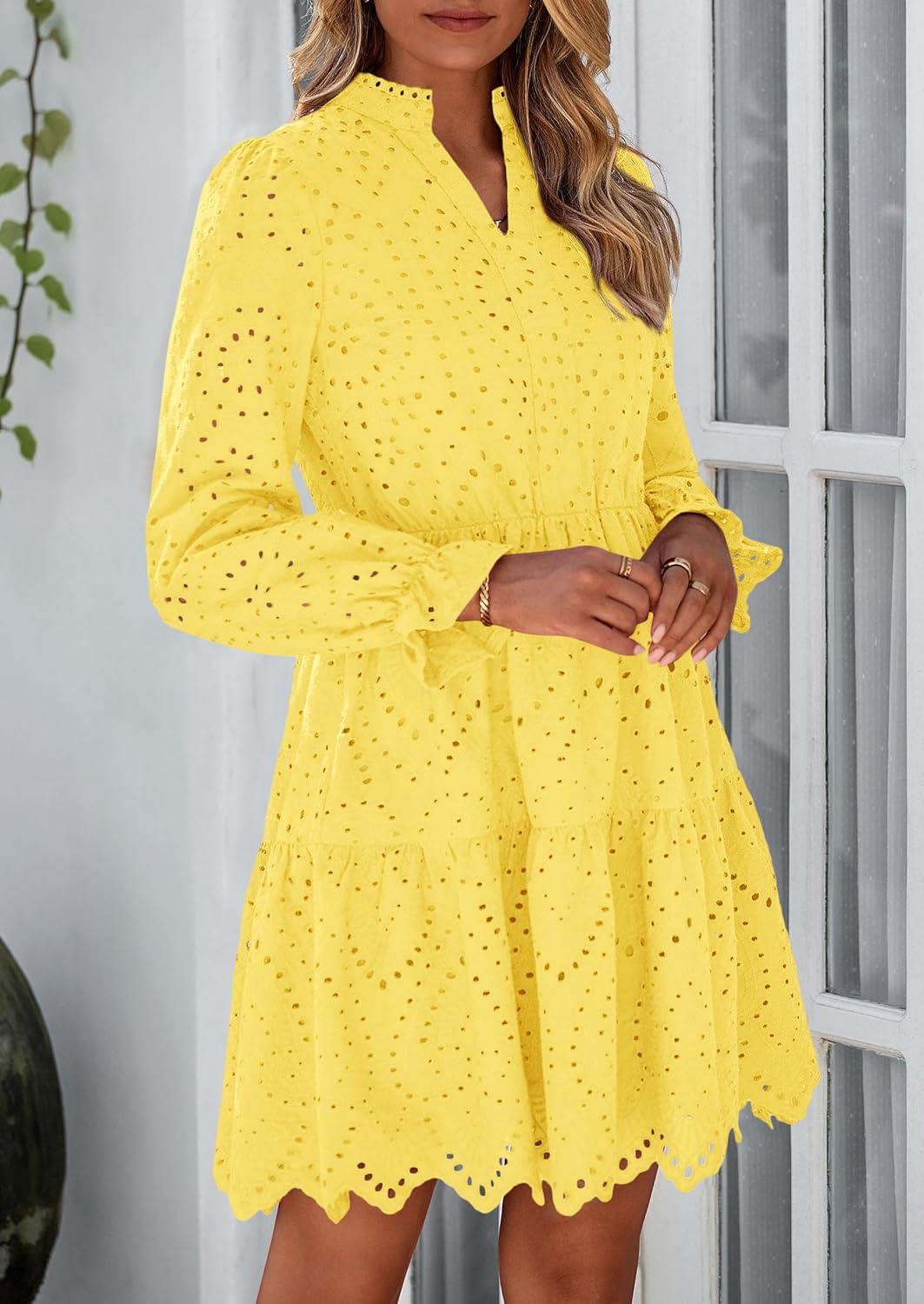 imagePRETTYGARDEN Womens Spring 2025 Long Puff Sleeve Mini Dress Hollow Out Lace V Neck A Line Ruffle Casual Party DressesYellow