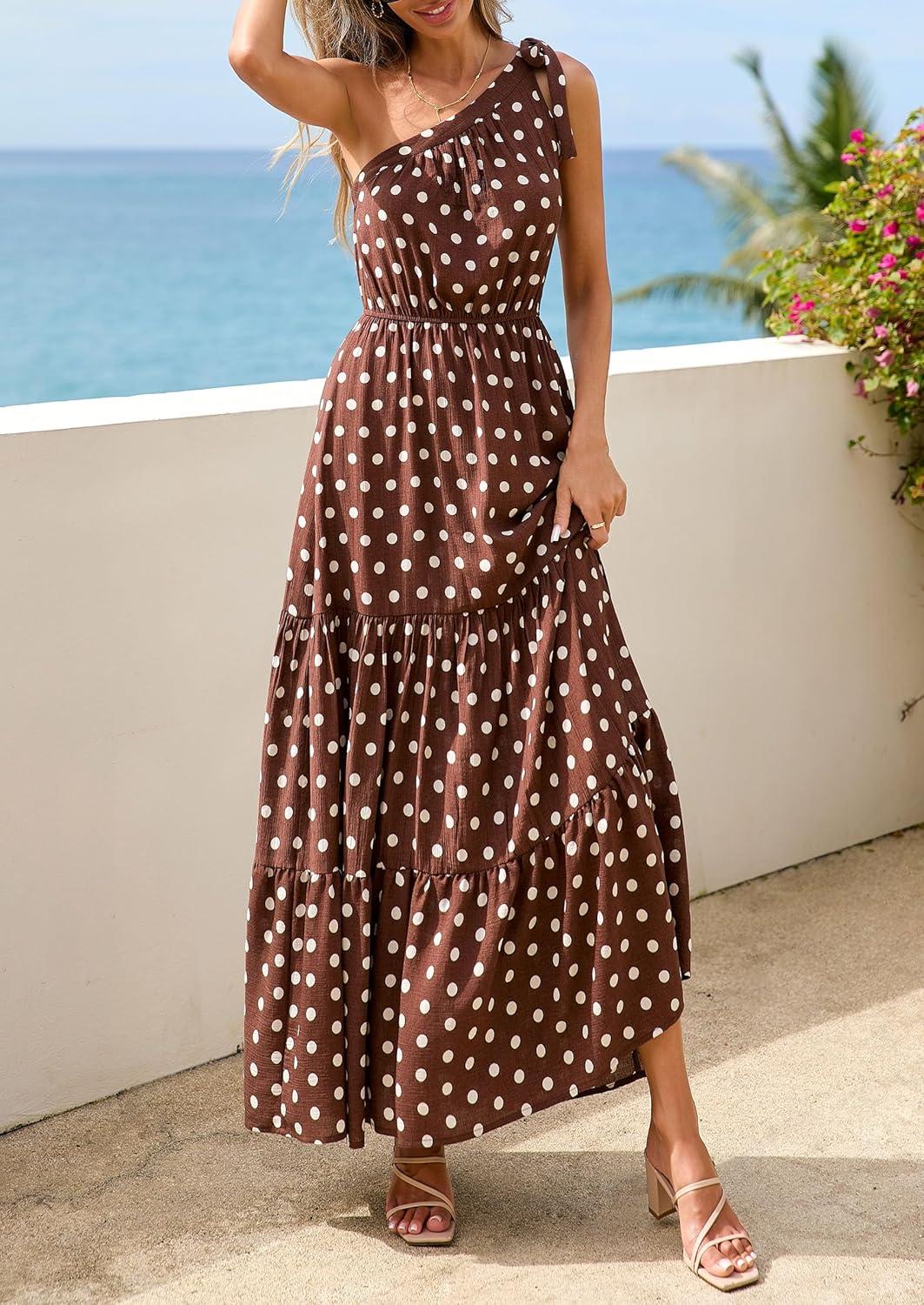 imagePRETTYGARDEN Womens Summer Floral One Shoulder Maxi Dress Knot Ruffle Boho Beach Vacation Wedding Guest Long Sun DressesDot Coffee White