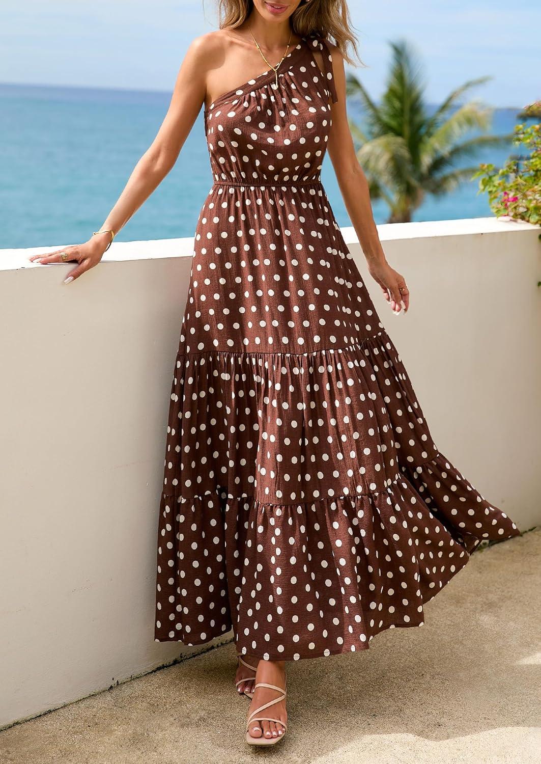 imagePRETTYGARDEN Womens Summer Floral One Shoulder Maxi Dress Knot Ruffle Boho Beach Vacation Wedding Guest Long Sun DressesDot Coffee White