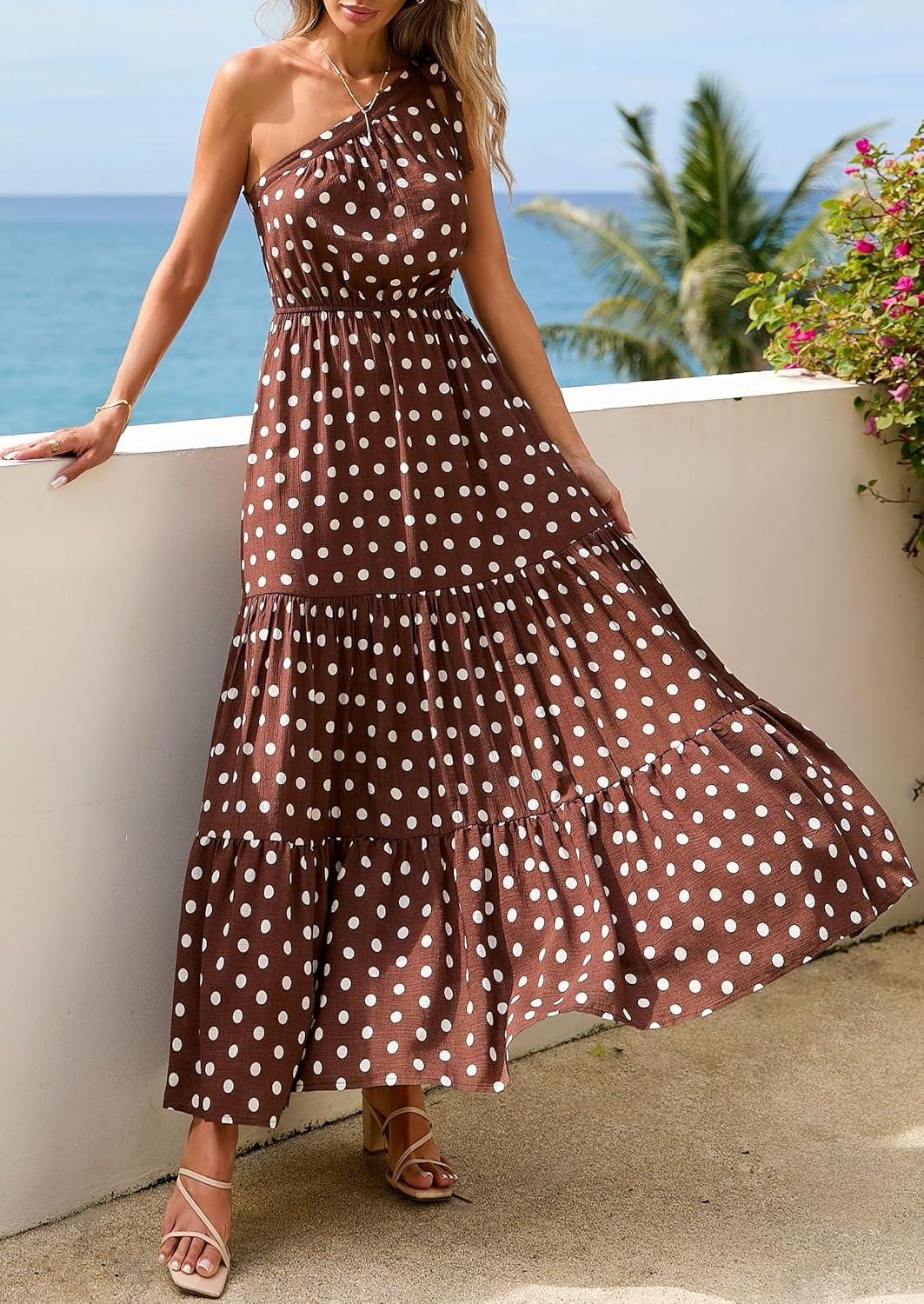 imagePRETTYGARDEN Womens Summer Floral One Shoulder Maxi Dress Knot Ruffle Boho Beach Vacation Wedding Guest Long Sun DressesDot Coffee White
