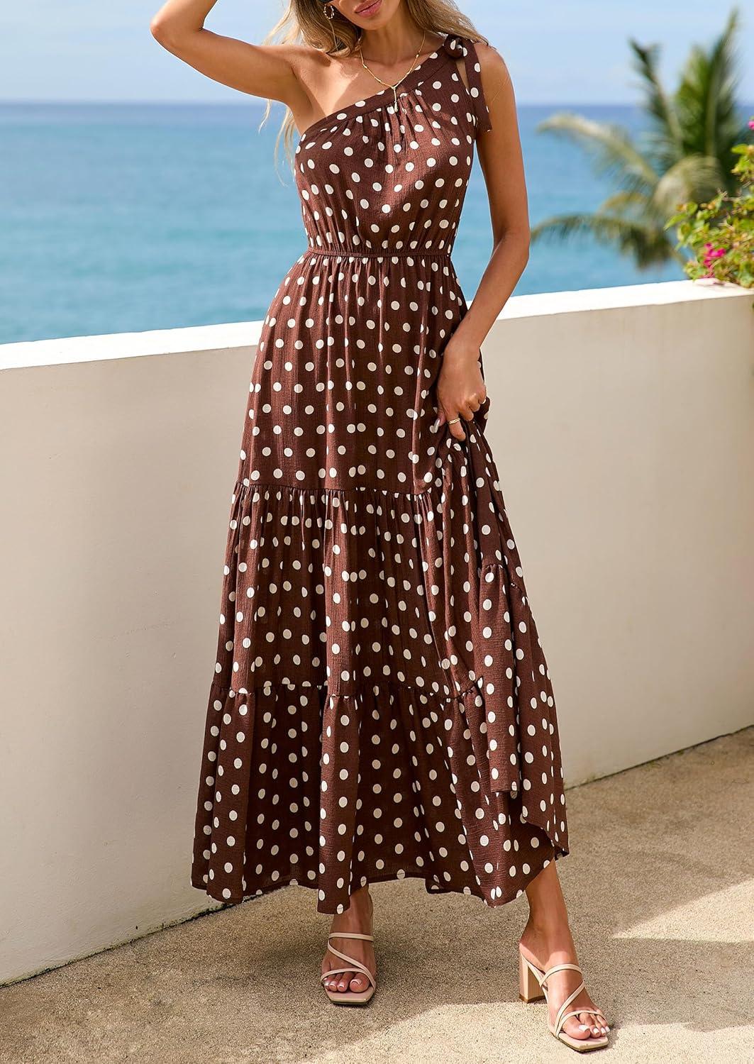 imagePRETTYGARDEN Womens Summer Floral One Shoulder Maxi Dress Knot Ruffle Boho Beach Vacation Wedding Guest Long Sun DressesDot Coffee White