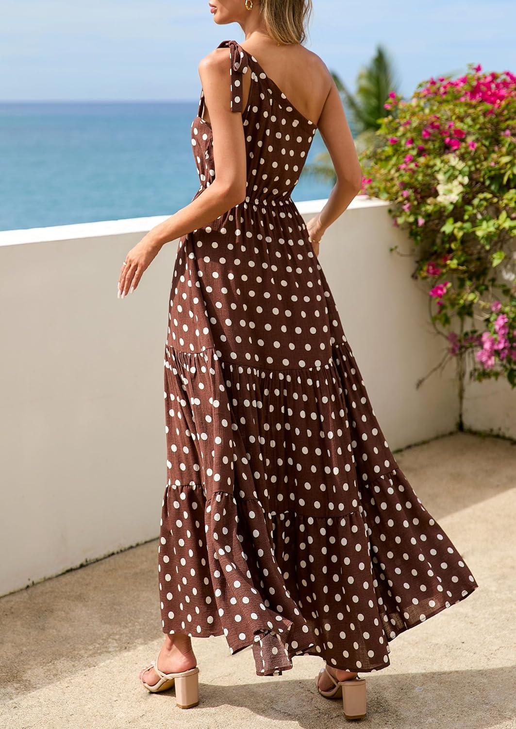 imagePRETTYGARDEN Womens Summer Floral One Shoulder Maxi Dress Knot Ruffle Boho Beach Vacation Wedding Guest Long Sun DressesDot Coffee White