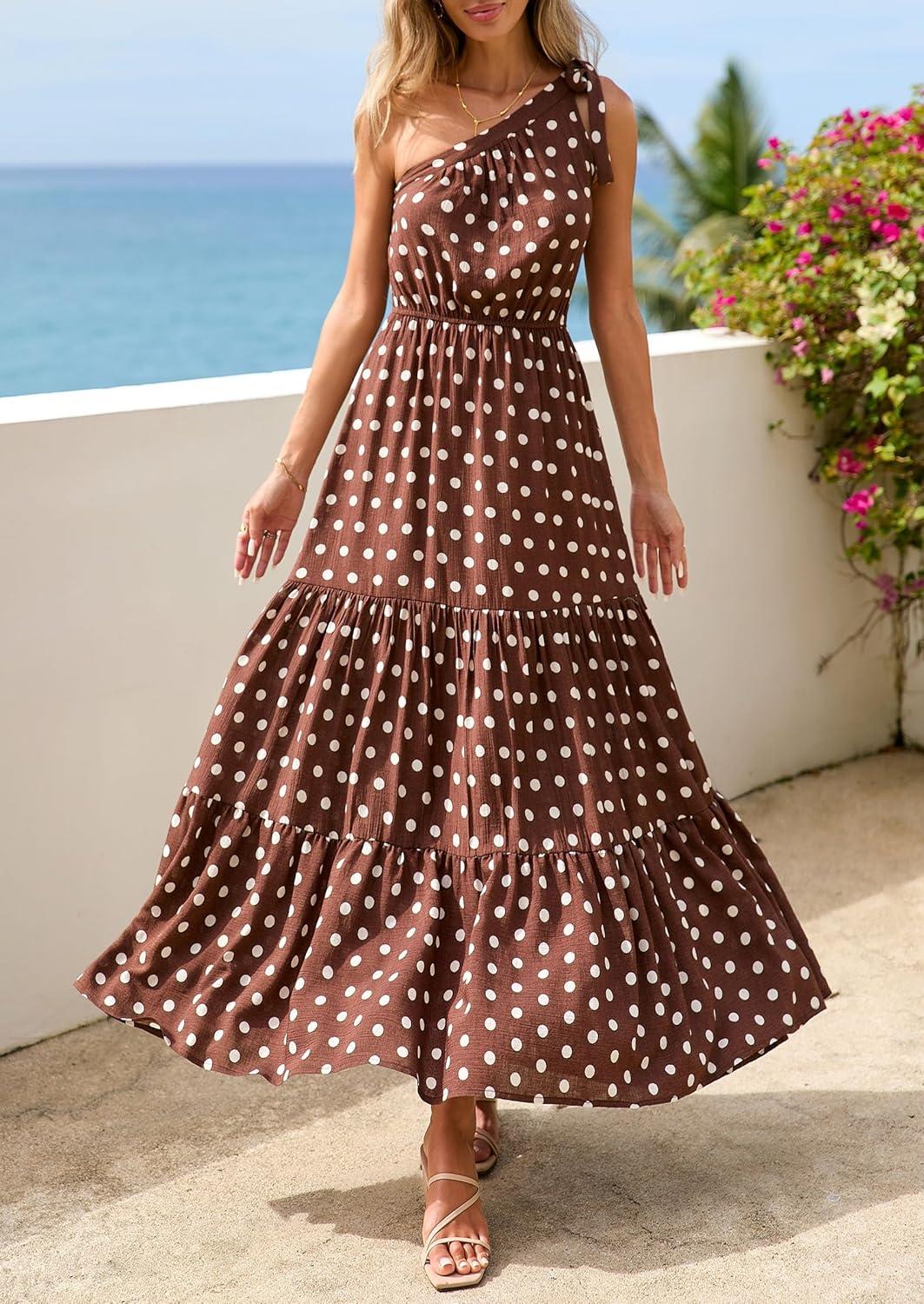 imagePRETTYGARDEN Womens Summer Floral One Shoulder Maxi Dress Knot Ruffle Boho Beach Vacation Wedding Guest Long Sun DressesDot Coffee White
