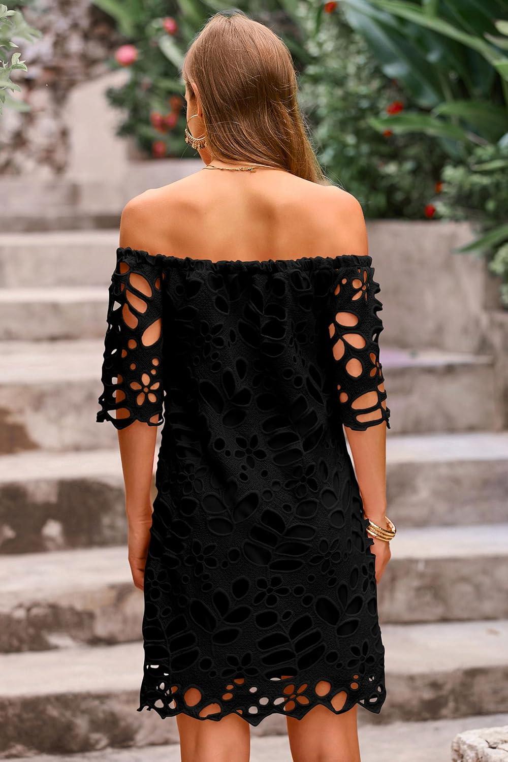 imagePRETTYGARDEN Womens Summer Off Shoulder Dresses Floral Lace Flare Short Sleeve Spring Vintage Elegant Mini DressBlack