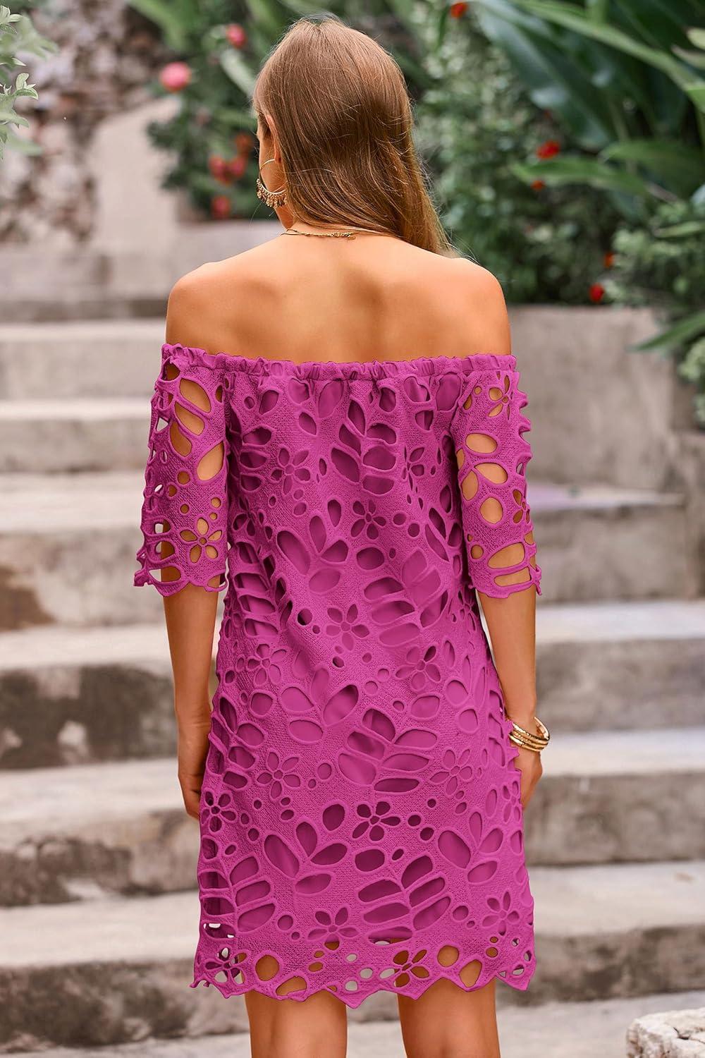 imagePRETTYGARDEN Womens Summer Off Shoulder Dresses Floral Lace Flare Short Sleeve Spring Vintage Elegant Mini DressDark Rose Red