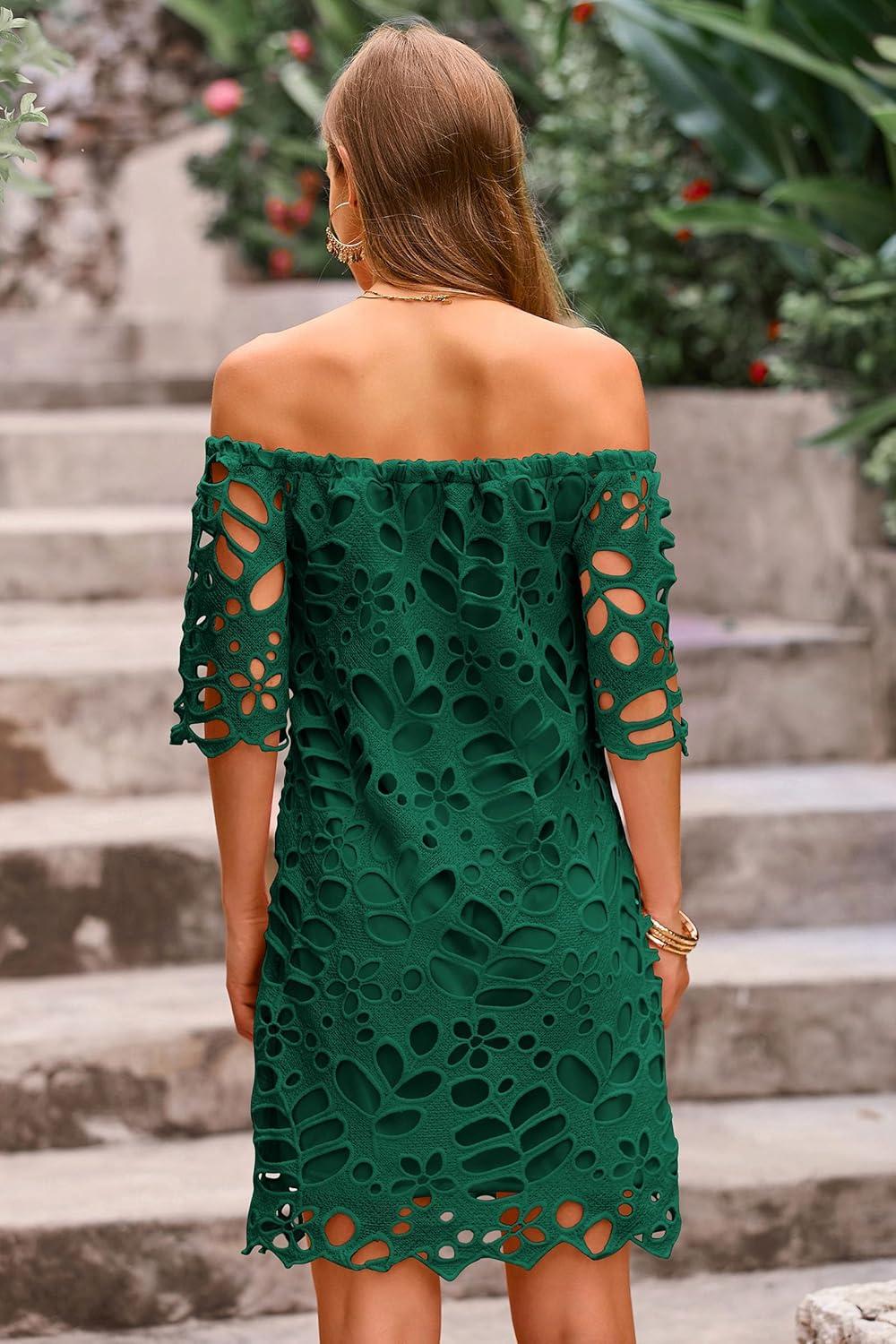 imagePRETTYGARDEN Womens Summer Off Shoulder Dresses Floral Lace Flare Short Sleeve Spring Vintage Elegant Mini DressGreen