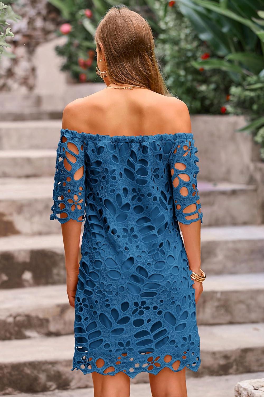 imagePRETTYGARDEN Womens Summer Off Shoulder Dresses Floral Lace Flare Short Sleeve Spring Vintage Elegant Mini DressLake Blue