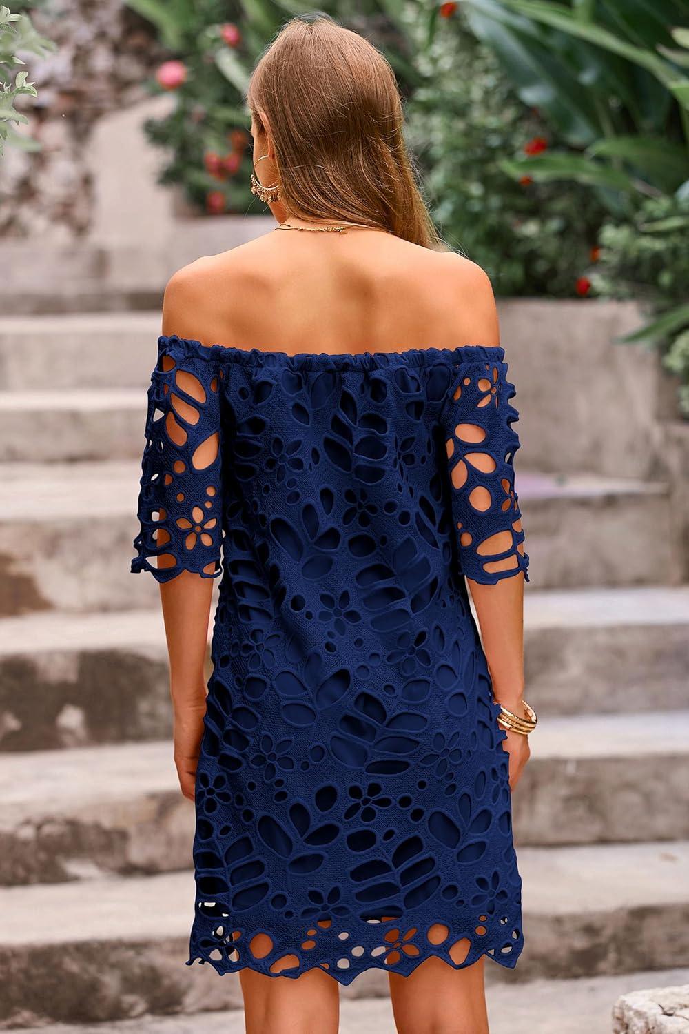 imagePRETTYGARDEN Womens Summer Off Shoulder Dresses Floral Lace Flare Short Sleeve Spring Vintage Elegant Mini DressNavy
