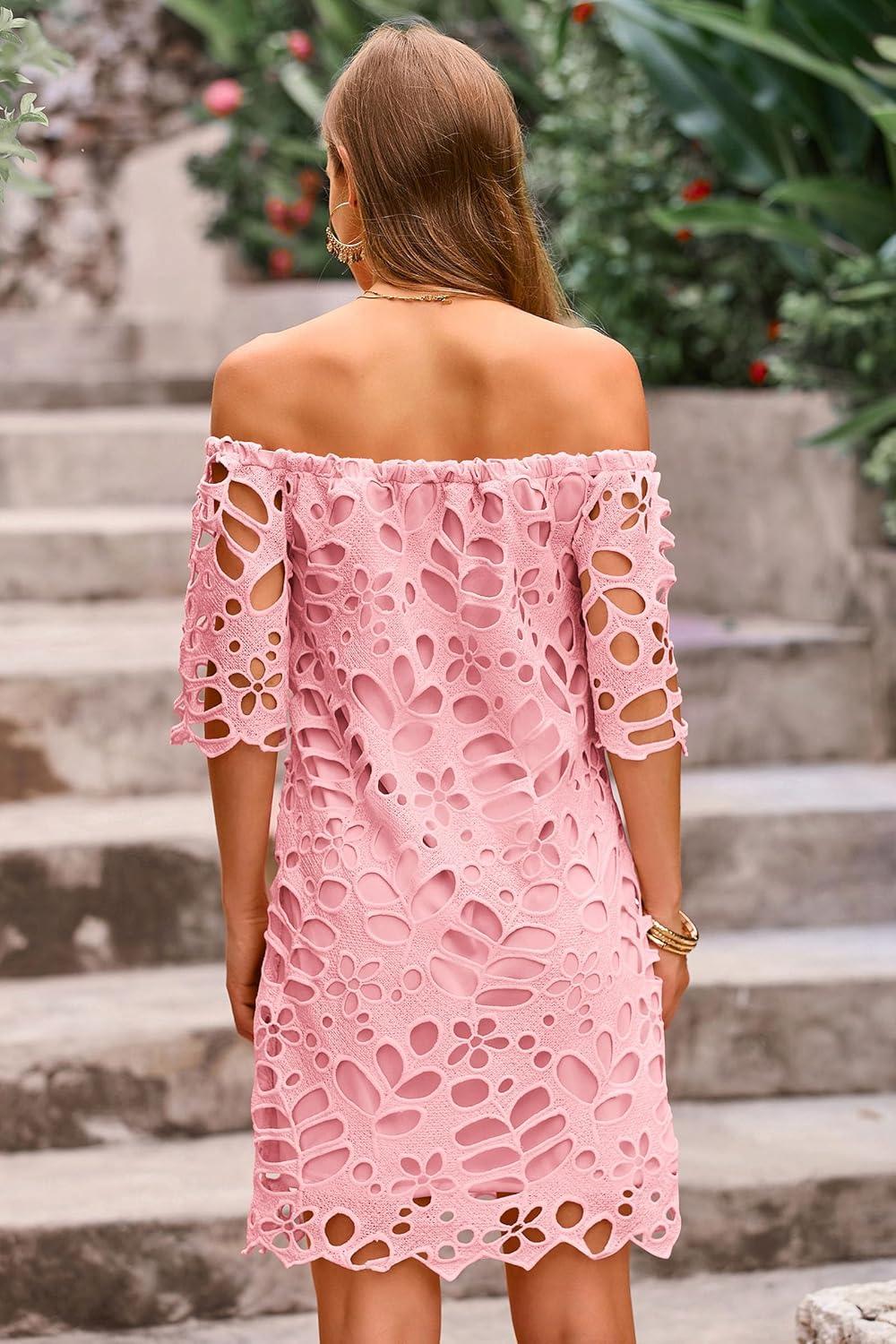 imagePRETTYGARDEN Womens Summer Off Shoulder Dresses Floral Lace Flare Short Sleeve Spring Vintage Elegant Mini DressPink