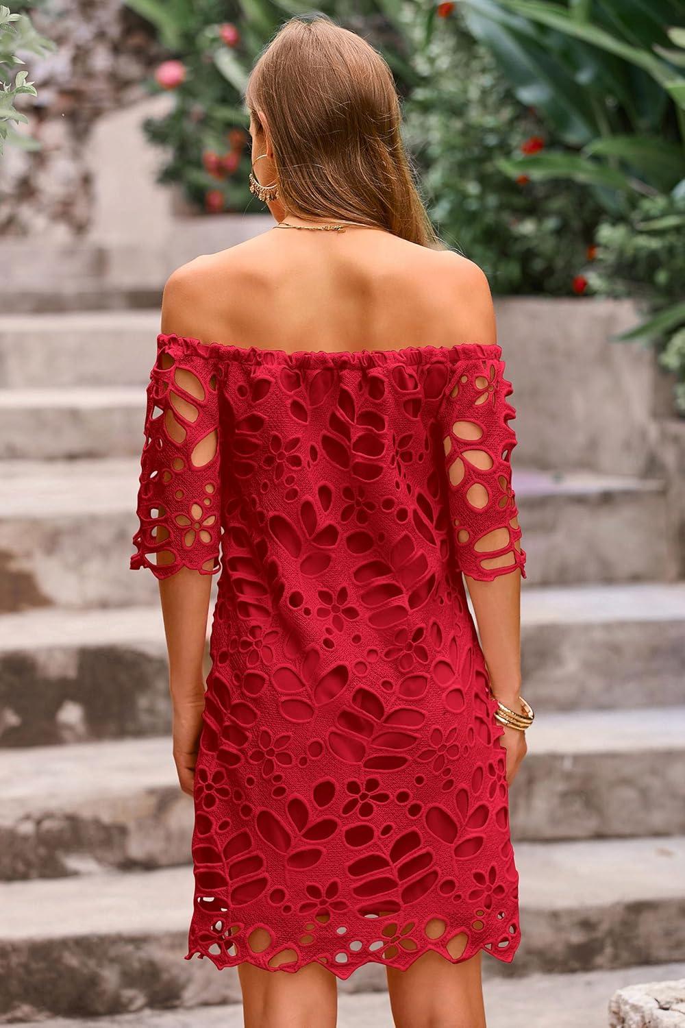 imagePRETTYGARDEN Womens Summer Off Shoulder Dresses Floral Lace Flare Short Sleeve Spring Vintage Elegant Mini DressRed