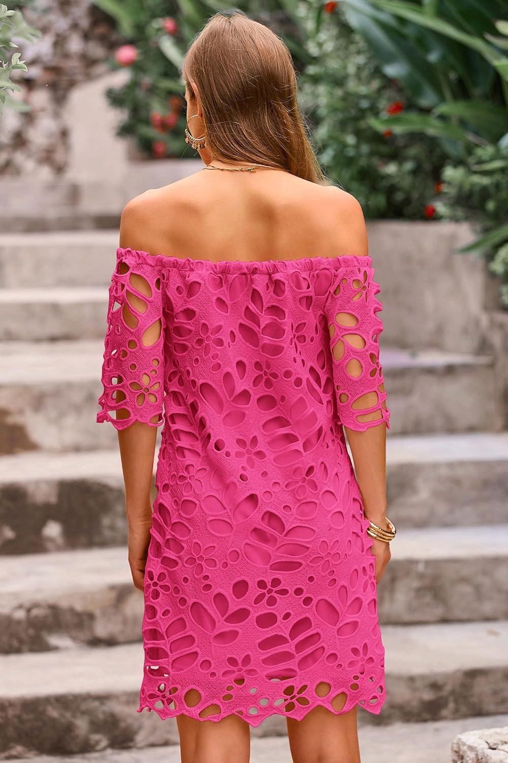 imagePRETTYGARDEN Womens Summer Off Shoulder Dresses Floral Lace Flare Short Sleeve Spring Vintage Elegant Mini DressRose Red