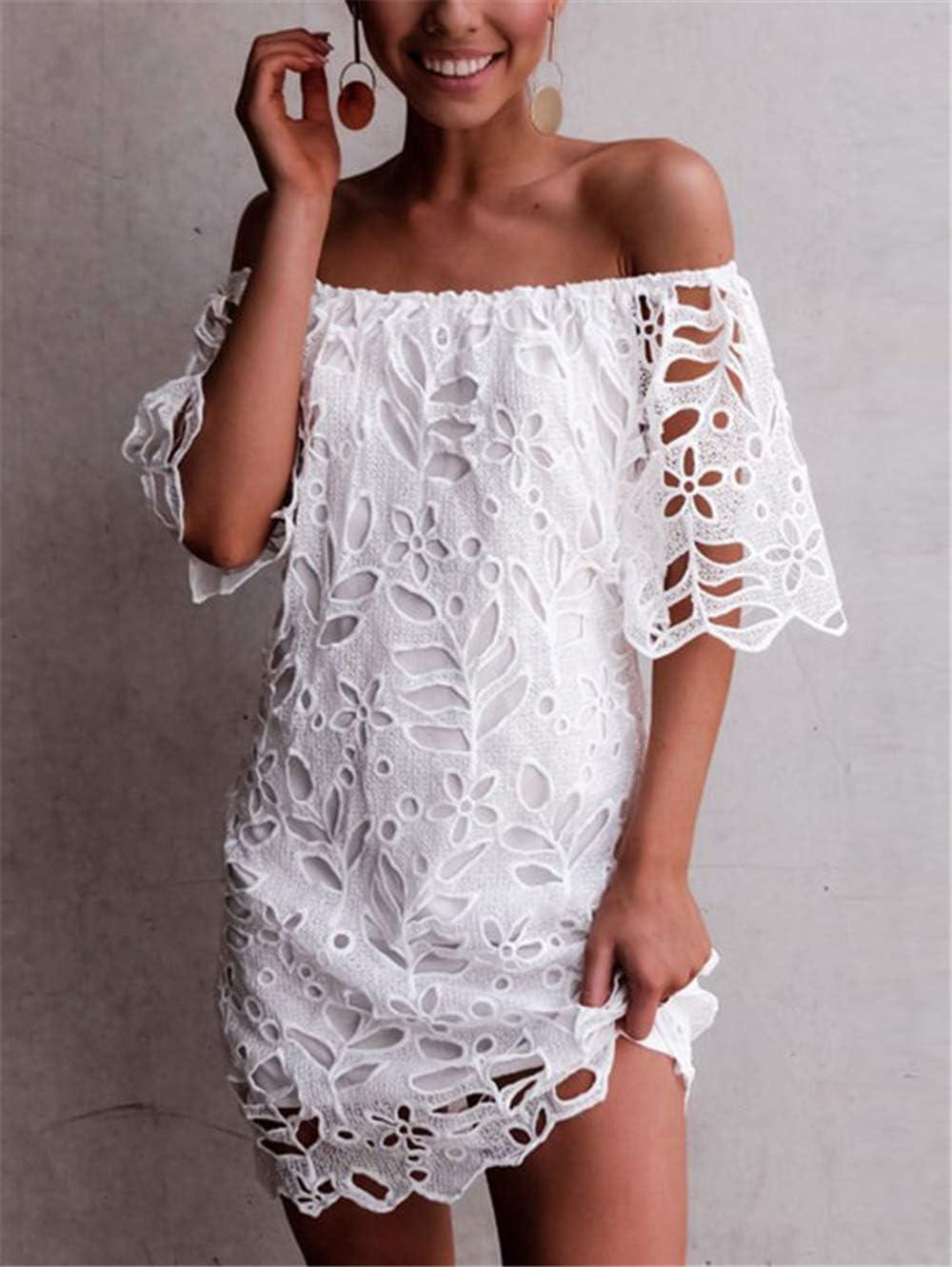imagePRETTYGARDEN Womens Summer Off Shoulder Dresses Floral Lace Flare Short Sleeve Spring Vintage Elegant Mini DressWhite