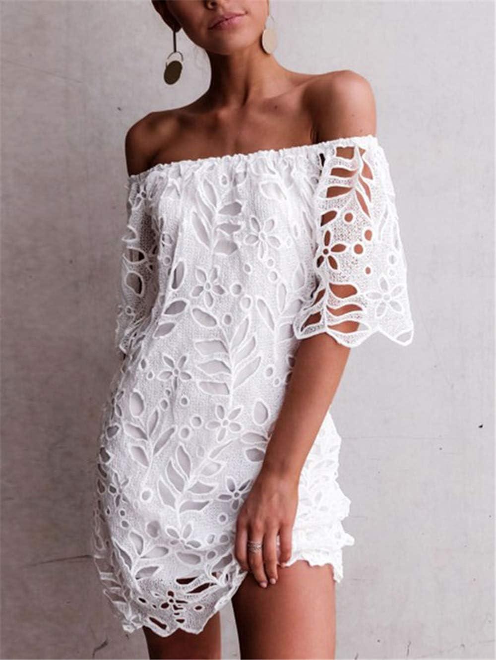 imagePRETTYGARDEN Womens Summer Off Shoulder Dresses Floral Lace Flare Short Sleeve Spring Vintage Elegant Mini DressWhite
