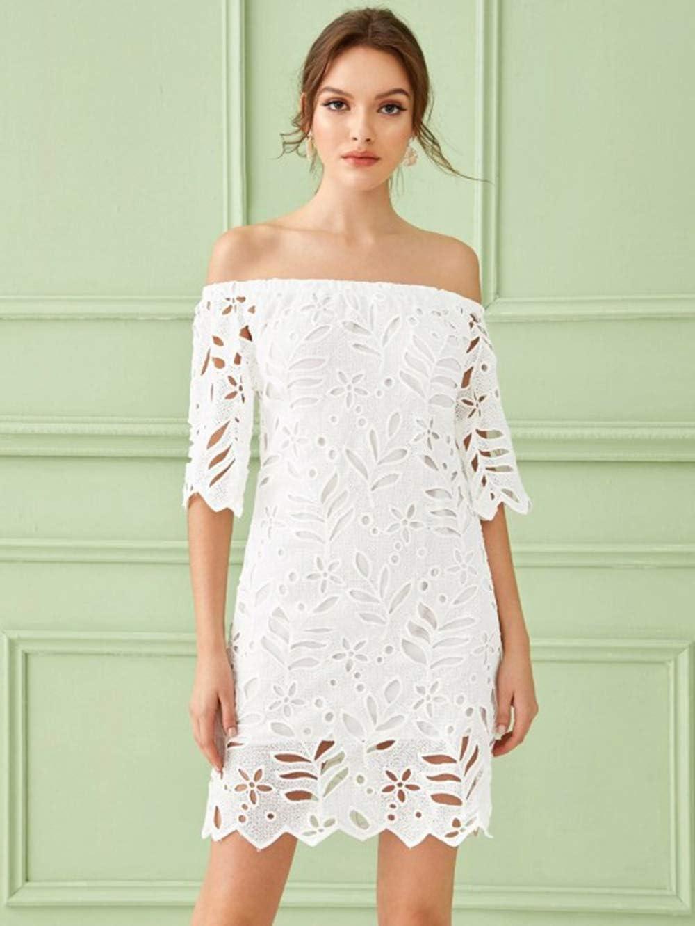 imagePRETTYGARDEN Womens Summer Off Shoulder Dresses Floral Lace Flare Short Sleeve Spring Vintage Elegant Mini DressWhite