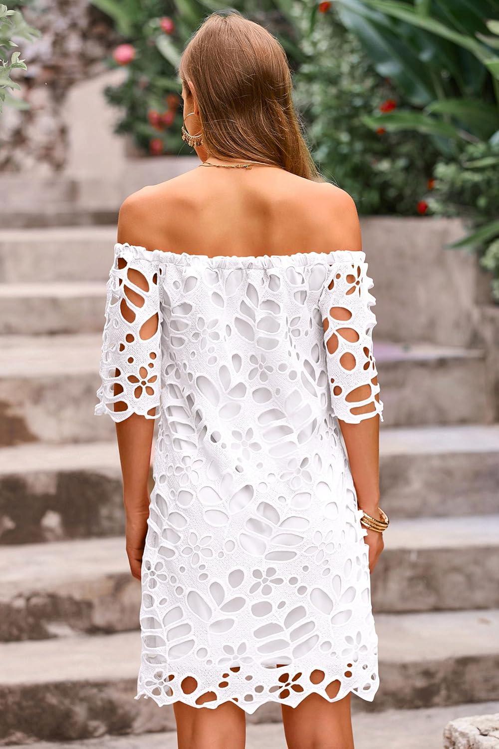 imagePRETTYGARDEN Womens Summer Off Shoulder Dresses Floral Lace Flare Short Sleeve Spring Vintage Elegant Mini DressWhite